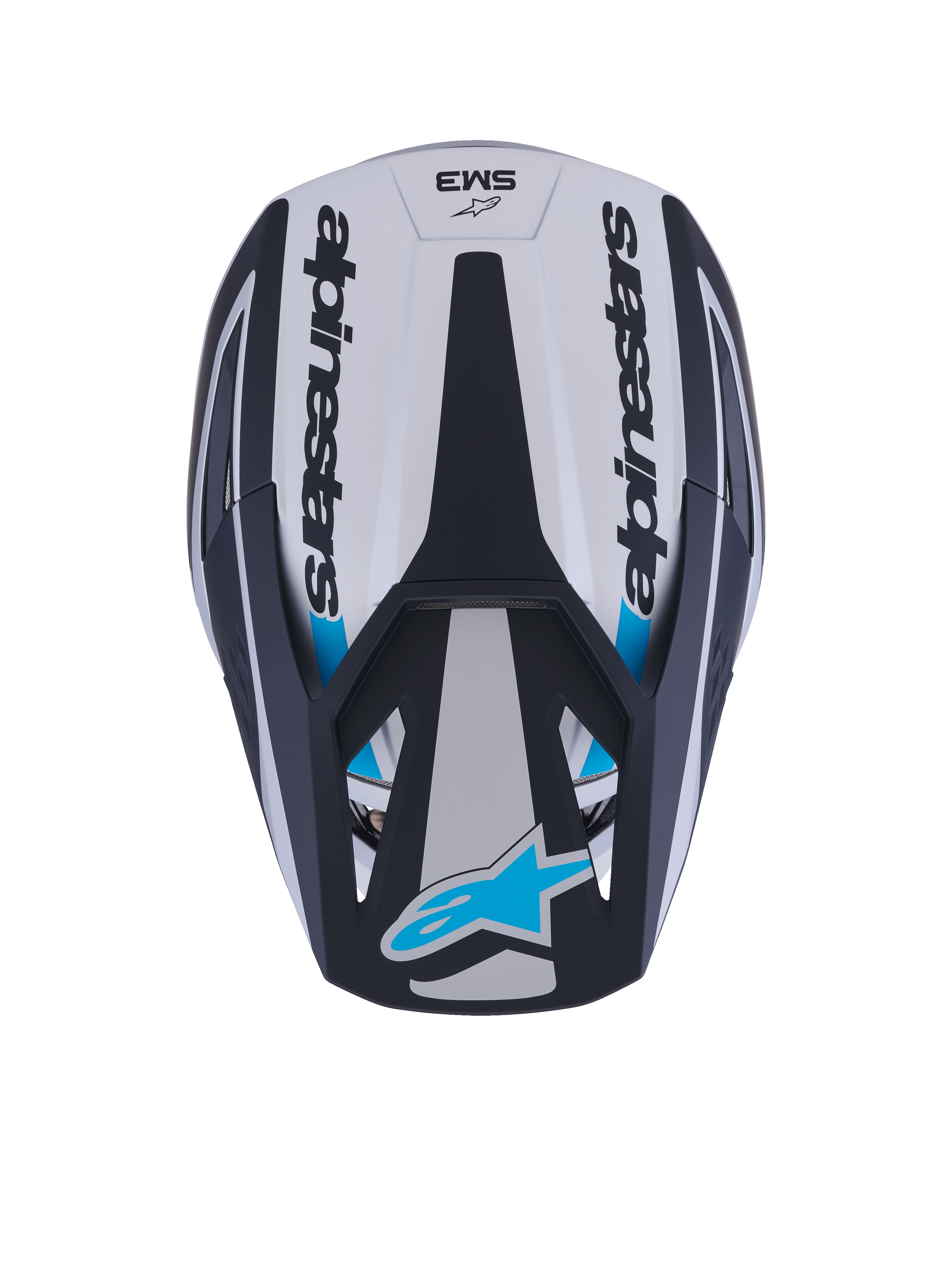 Kask Alpinestars S-M3 Heat, kask motocrossowy, widok z góry, srebrno-niebiesko-czarny mat, z napisem Alpinestars po bokach, niebieskim logo Astar na daszku, aerodynamiczną konstrukcją skorupy i matowym wykończeniem