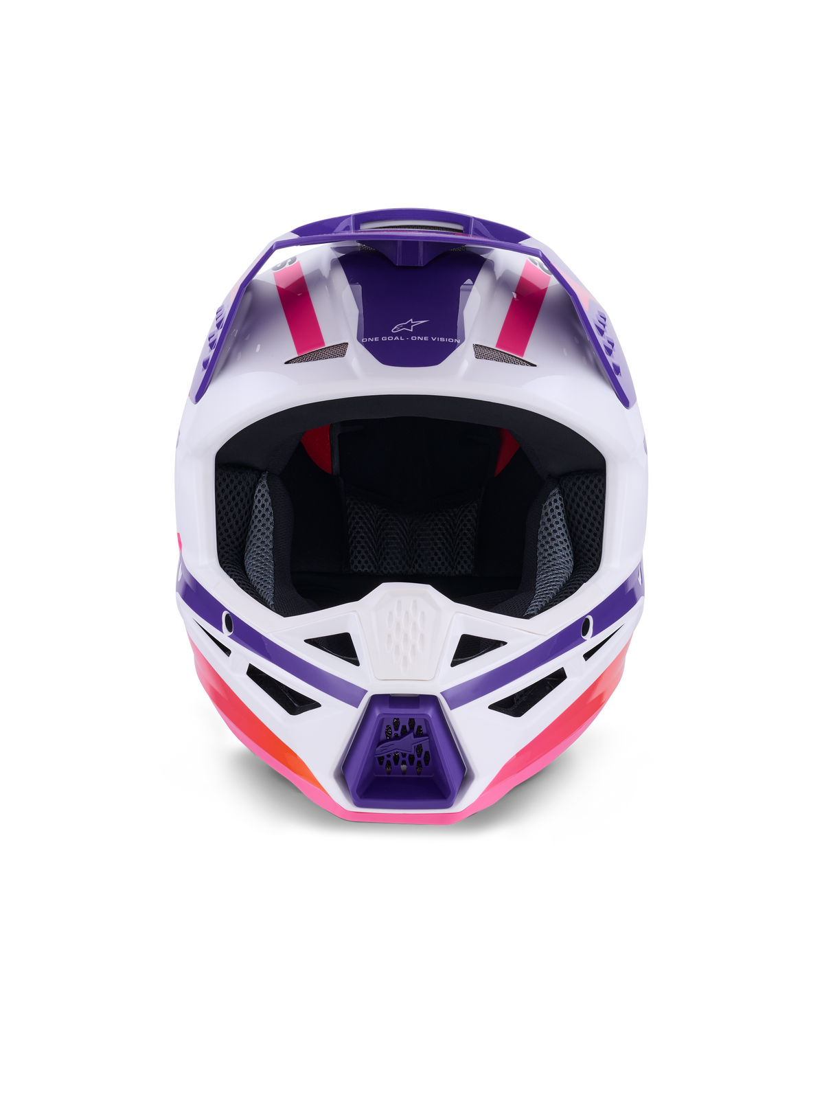 Alpinestars S-M3 Heat Helmet ECE 22.06, kask motocrossowy, biało-fioletowo-różowy błyszczący, widok z przodu pokazujący otwory wentylacyjne i wyraziste geometryczne grafiki, profesjonalna ochrona głowy do wyścigów off-road