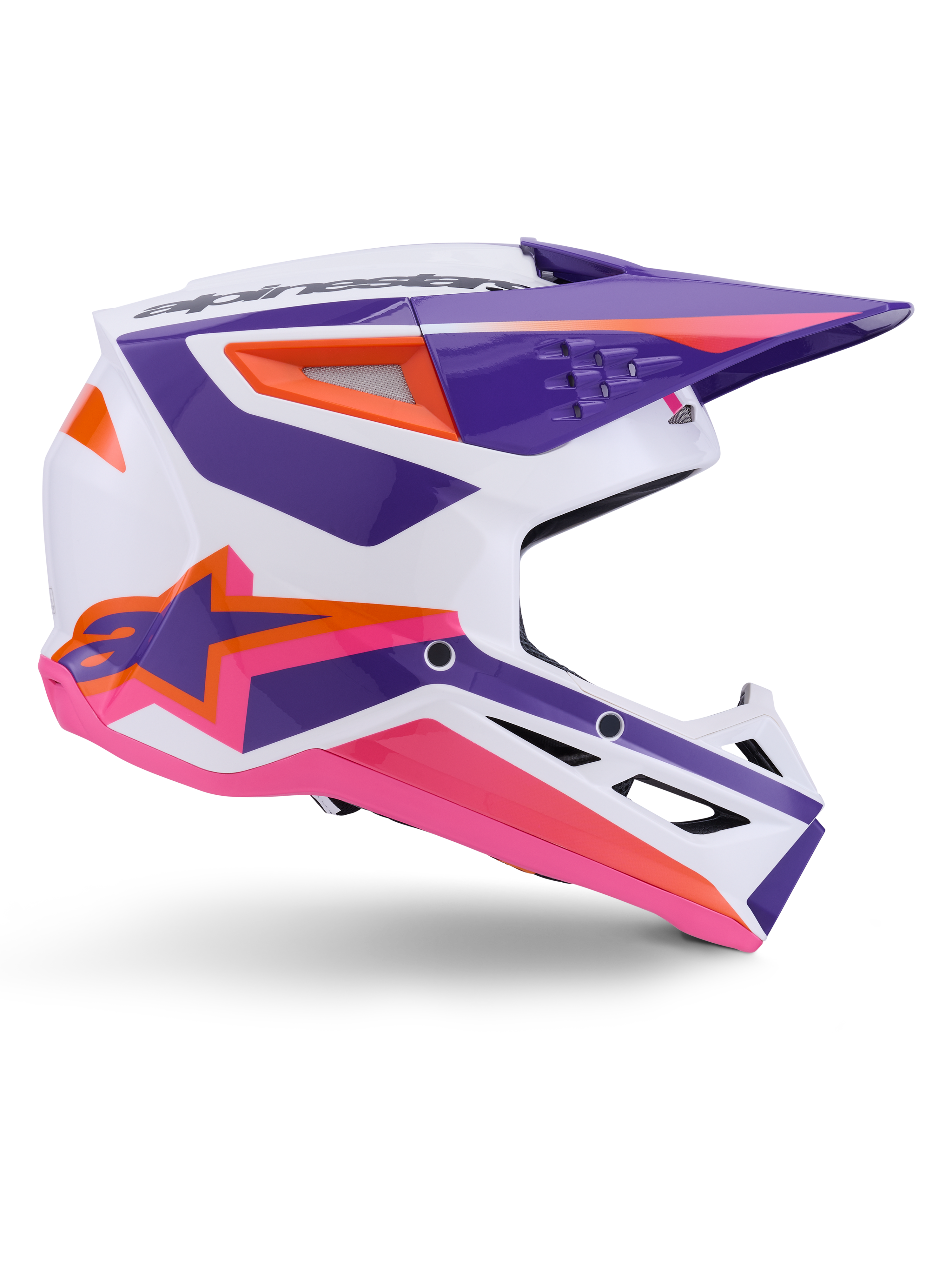 Alpinestars S-M3 Heat Helmet ECE 22.06, kask motocrossowy, biały, fioletowy i różowy połysk, z wyrazistymi fioletowymi i różowymi grafikami oraz pomarańczowymi akcentami, widok z boku prezentujący logo Astar i wentylowaną konstrukcję do jazdy off-road