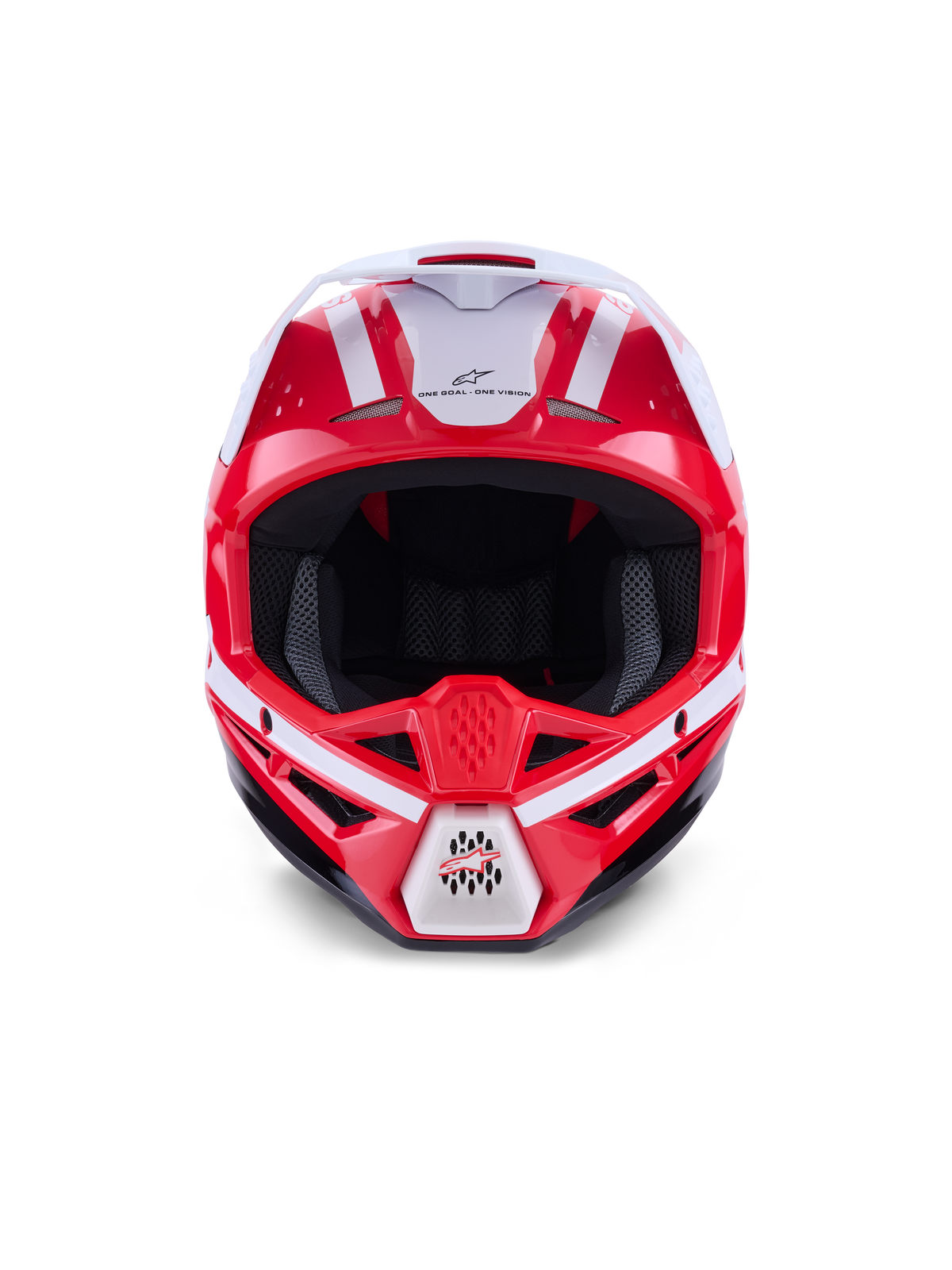 Kask Alpinestars S-M3 Heat, kask motocrossowy off-road, czerwony, biały i czarny, certyfikat ECE 22.06, szczegółowy widok z przodu z wlotami powietrza.