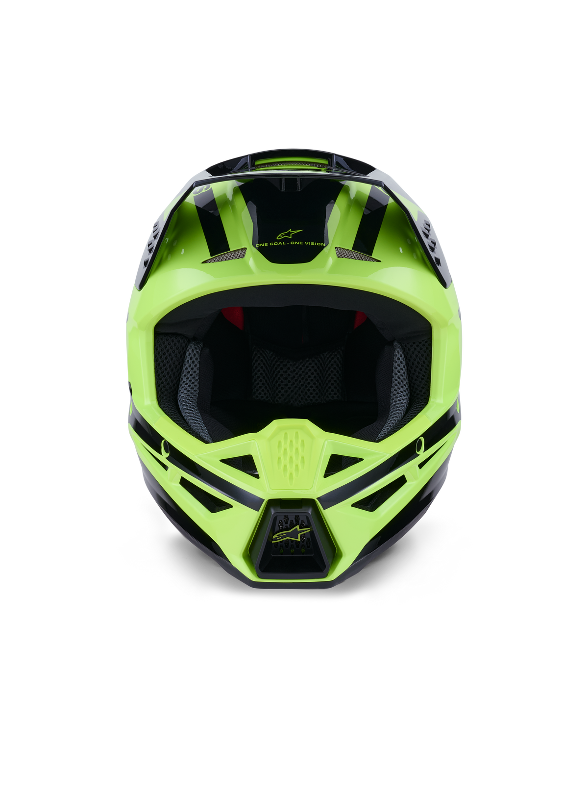 Alpinestars S-M3 Heat Helmet, kask motocrossowy i off-road, widok z przodu, kolor żółty neonowy (fluo) i czarny błyszczący, wentylowana szczęka, smukły aerodynamiczny design z czarnymi akcentami