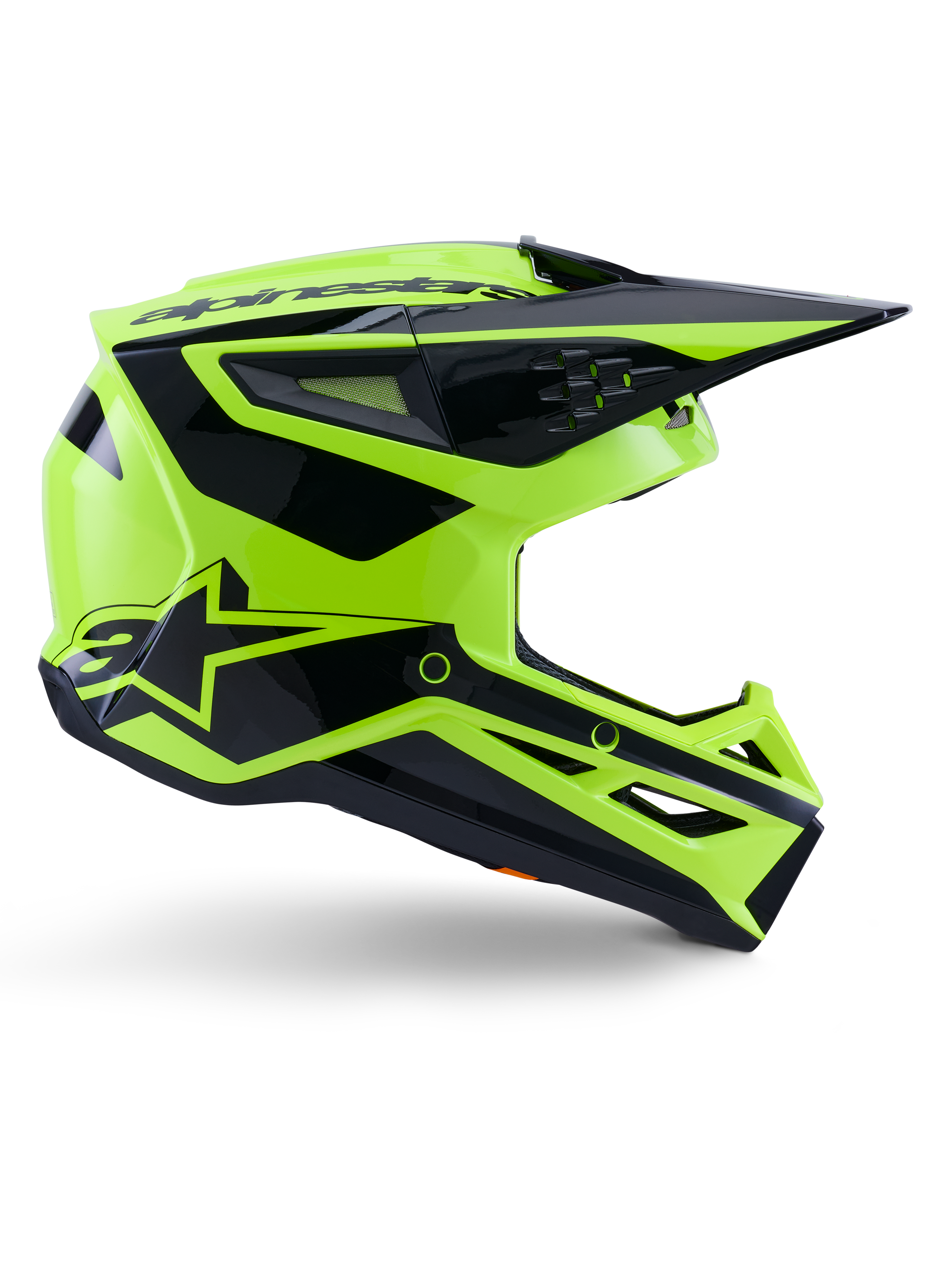 Kask Alpinestars S-M3 Heat, kask motocrossowy off-road, żółty neonowy i czarny błyszczący, certyfikat ECE 22.06, profil boczny o kanciastym designie z ostrym daszkiem, liczne otwory wentylacyjne, wyraziste czarne geometryczne grafiki z logo A-star.