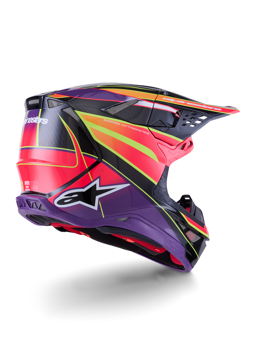 Alpinestars Supertech M10 Era Helmet, kask motocrossowy, różowy, fioletowy i żółty fluo połysk, widok z tyłu pod kątem trzech czwartych ukazujący aerodynamiczną skorupę z włókna węglowego, zintegrowane otwory wentylacyjne i wyraziste logo marki, wysokiej klasy profesjonalny sprzęt off-road