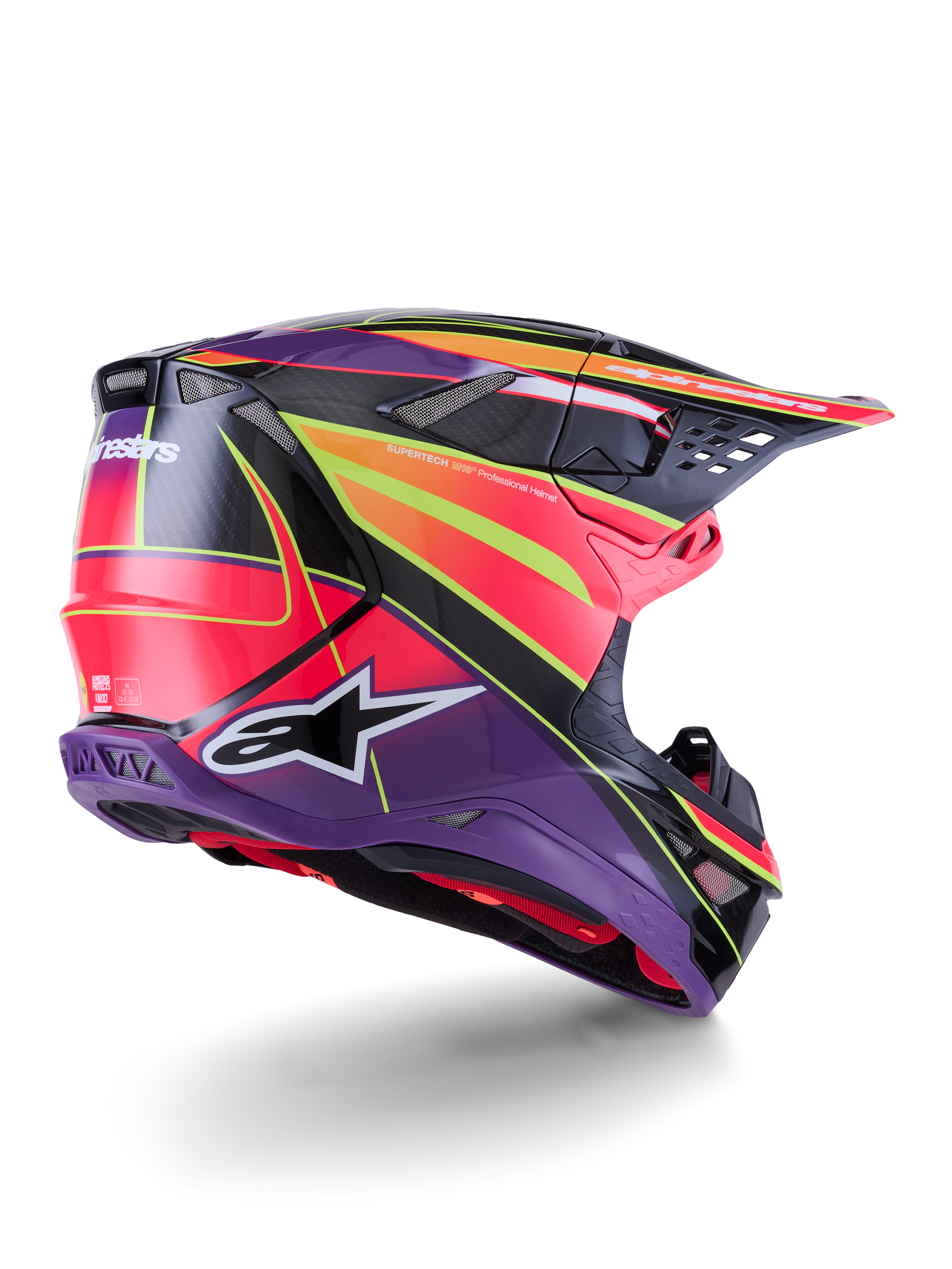 Alpinestars Supertech M10 Era Helmet, kask motocrossowy, różowy, fioletowy i żółty fluo połysk, widok z tyłu pod kątem trzech czwartych ukazujący aerodynamiczną skorupę z włókna węglowego, zintegrowane otwory wentylacyjne i wyraziste logo marki, wysokiej klasy profesjonalny sprzęt off-road