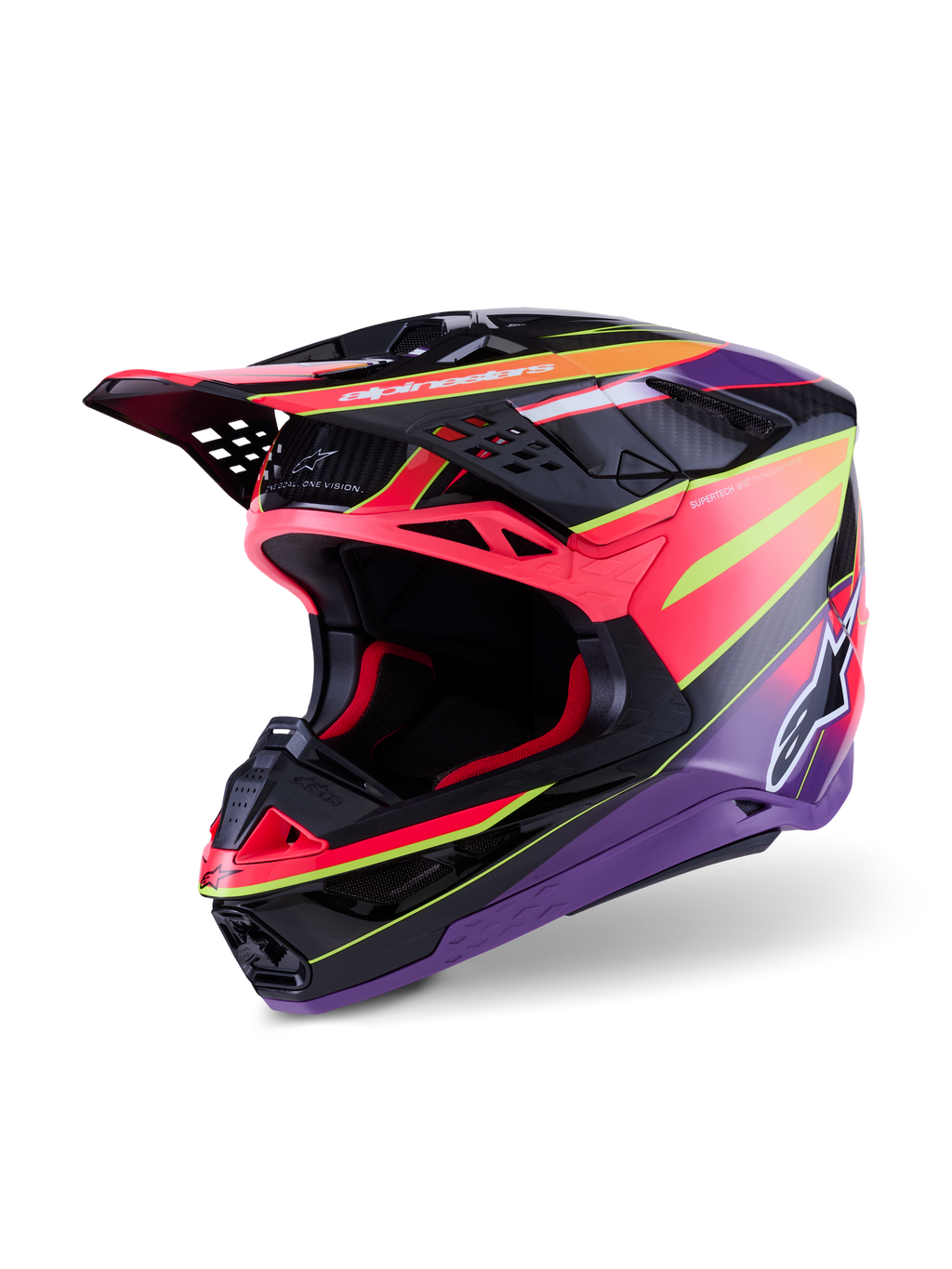 Kask Alpinestars Supertech M10 Era, kask motocrossowy, różowo-fioletowy i żółty fluo z połyskiem, z wielokompozytową skorupą karbonową, aerodynamiczny design z 28 otworami wentylacyjnymi, wykończenie z połyskiem z żywą grafiką i brandingiem Alpinestars, profesjonalny sprzęt do wyścigów terenowych