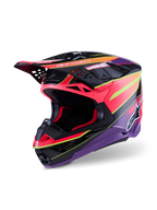 Kask Alpinestars Supertech M10 Era, kask motocrossowy, różowo-fioletowy i żółty fluo z połyskiem, z wielokompozytową skorupą karbonową, aerodynamiczny design z 28 otworami wentylacyjnymi, wykończenie z połyskiem z żywą grafiką i brandingiem Alpinestars, profesjonalny sprzęt do wyścigów terenowych