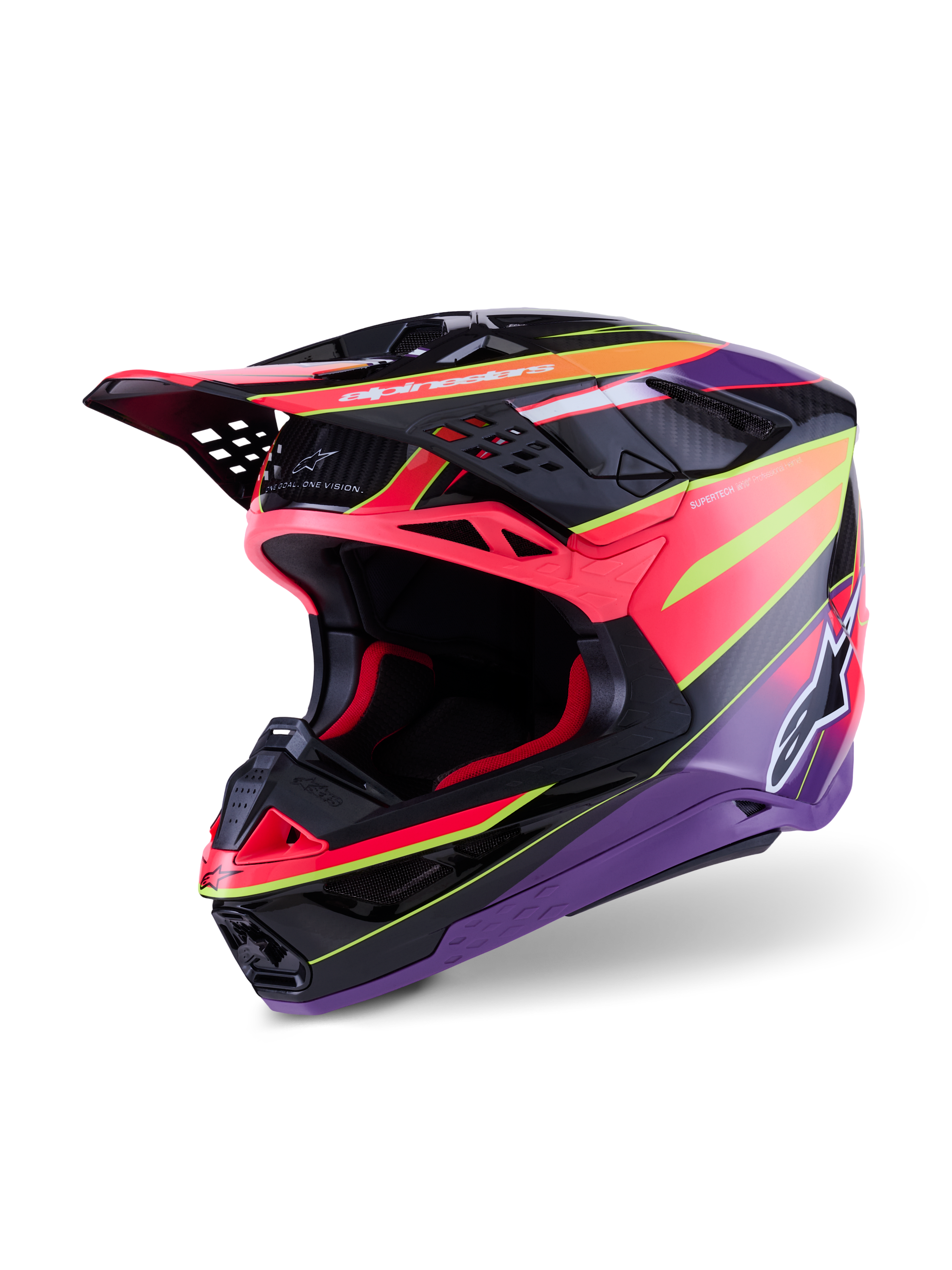 Kask Alpinestars Supertech M10 Era, kask motocrossowy, różowo-fioletowy i żółty fluo z połyskiem, z wielokompozytową skorupą karbonową, aerodynamiczny design z 28 otworami wentylacyjnymi, wykończenie z połyskiem z żywą grafiką i brandingiem Alpinestars, profesjonalny sprzęt do wyścigów terenowych