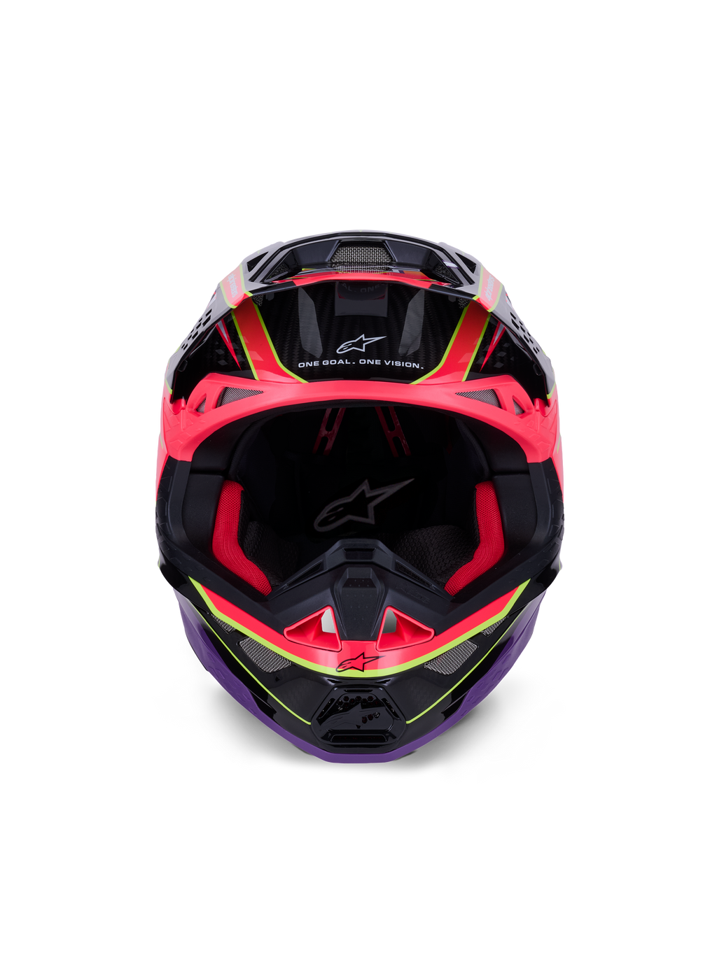 Kask Alpinestars Supertech M10 Era, kask motocrossowy, różowo-fioletowy i żółty fluo z połyskiem, widok z przodu ukazujący czerwoną wyściółkę i detale skorupy z włókna węglowego, napis „One Goal. One Vision.”, profesjonalna ochrona off-road