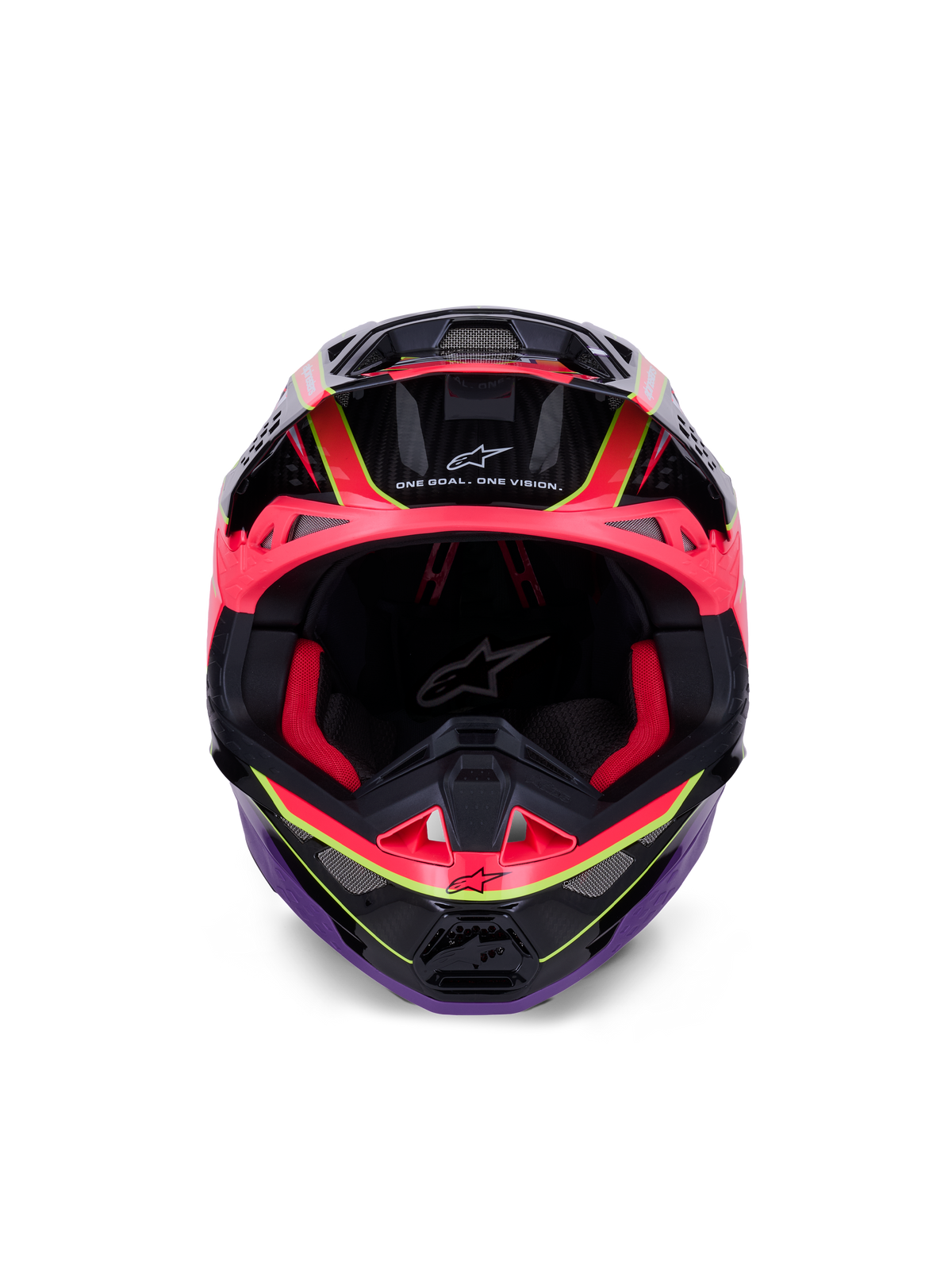 Kask Alpinestars Supertech M10 Era, kask motocrossowy, różowo-fioletowy i żółty fluo z połyskiem, widok z przodu ukazujący czerwoną wyściółkę i detale skorupy z włókna węglowego, napis „One Goal. One Vision.”, profesjonalna ochrona off-road