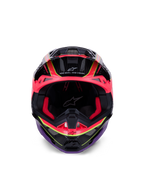 Kask Alpinestars Supertech M10 Era, kask motocrossowy, różowo-fioletowy i żółty fluo z połyskiem, widok z przodu ukazujący czerwoną wyściółkę i detale skorupy z włókna węglowego, napis „One Goal. One Vision.”, profesjonalna ochrona off-road