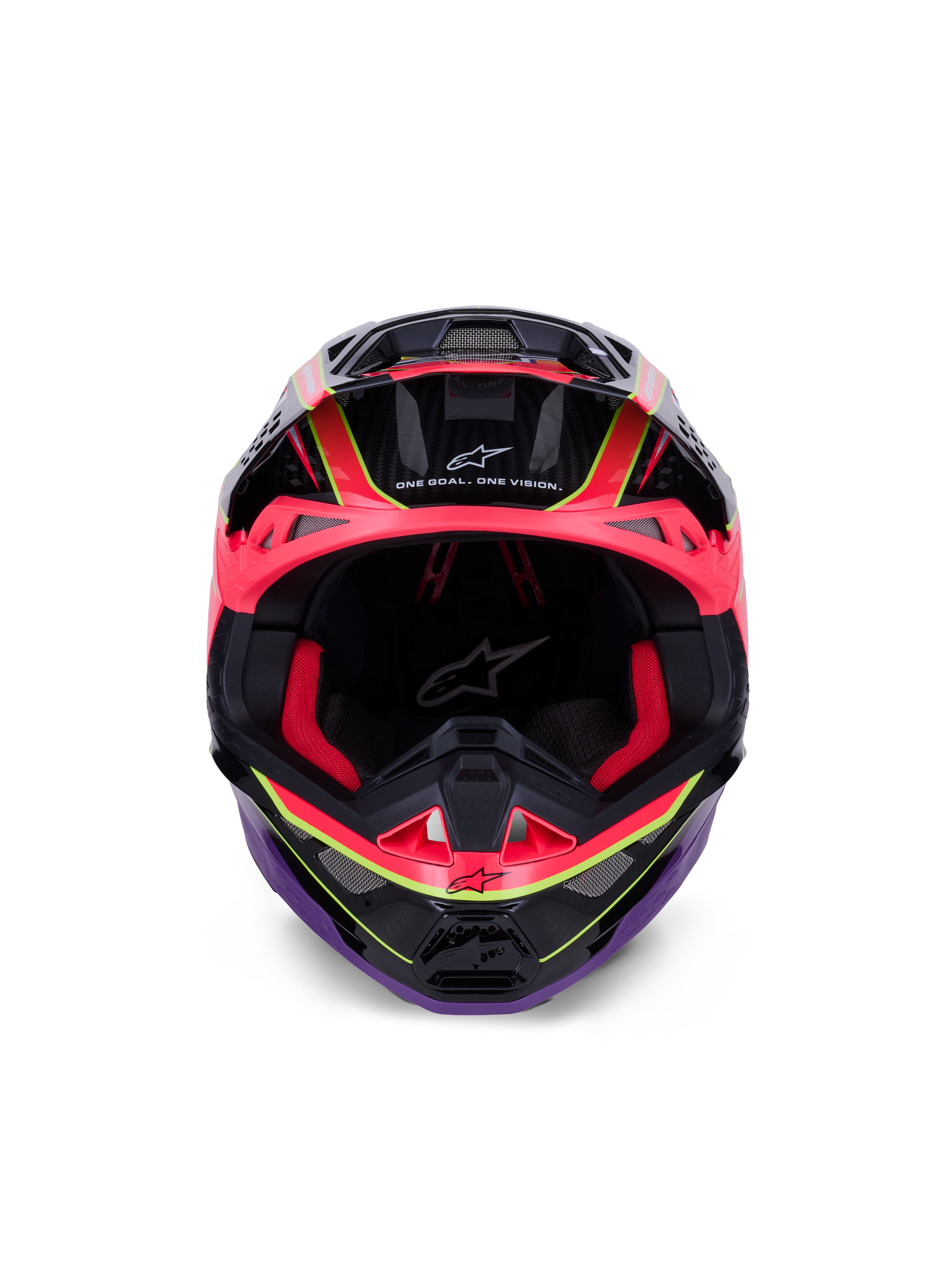 Kask Alpinestars Supertech M10 Era, kask motocrossowy, różowo-fioletowy i żółty fluo z połyskiem, widok z przodu ukazujący czerwoną wyściółkę i detale skorupy z włókna węglowego, napis „One Goal. One Vision.”, profesjonalna ochrona off-road