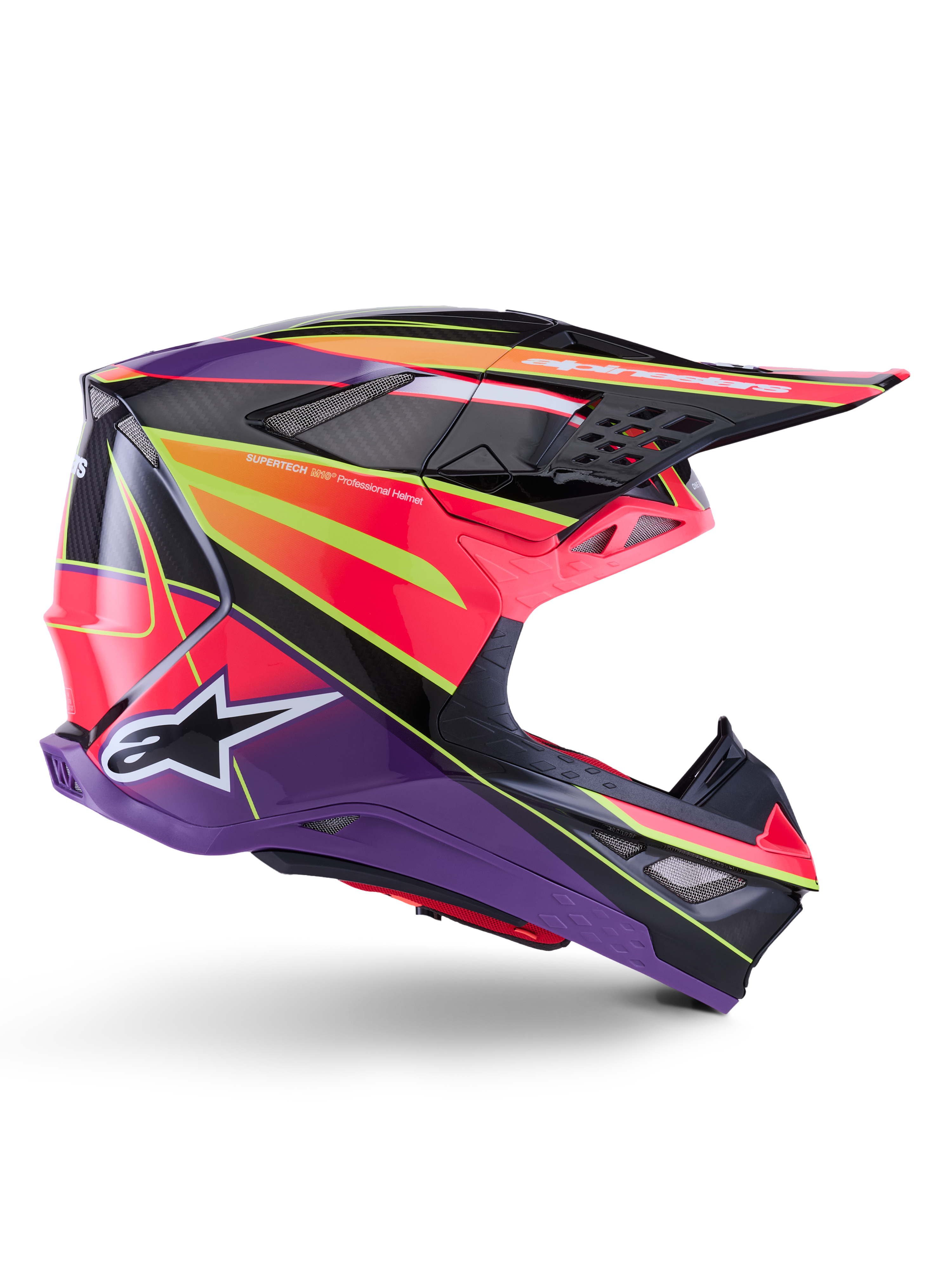 Kask Alpinestars Supertech M10 Era, kask motocrossowy, różowy, fioletowy i żółty fluo z połyskiem, widok z profilu, posiada wielokompozytową skorupę z włókna węglowego z wyrazistymi wzorami geometrycznymi, zintegrowane otwory wentylacyjne i białe logo Alpinestars, zaprojektowany z myślą o profesjonalnej jeździe terenowej