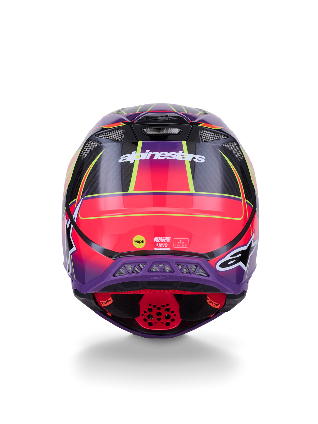 Alpinestars Supertech M10 Era Helmet ECE 22.06, widok z tyłu, różowo-fioletowy i żółty fluo w połysku, kask motocrossowy z konstrukcją z włókna węglowego i technologią ochrony MIPS