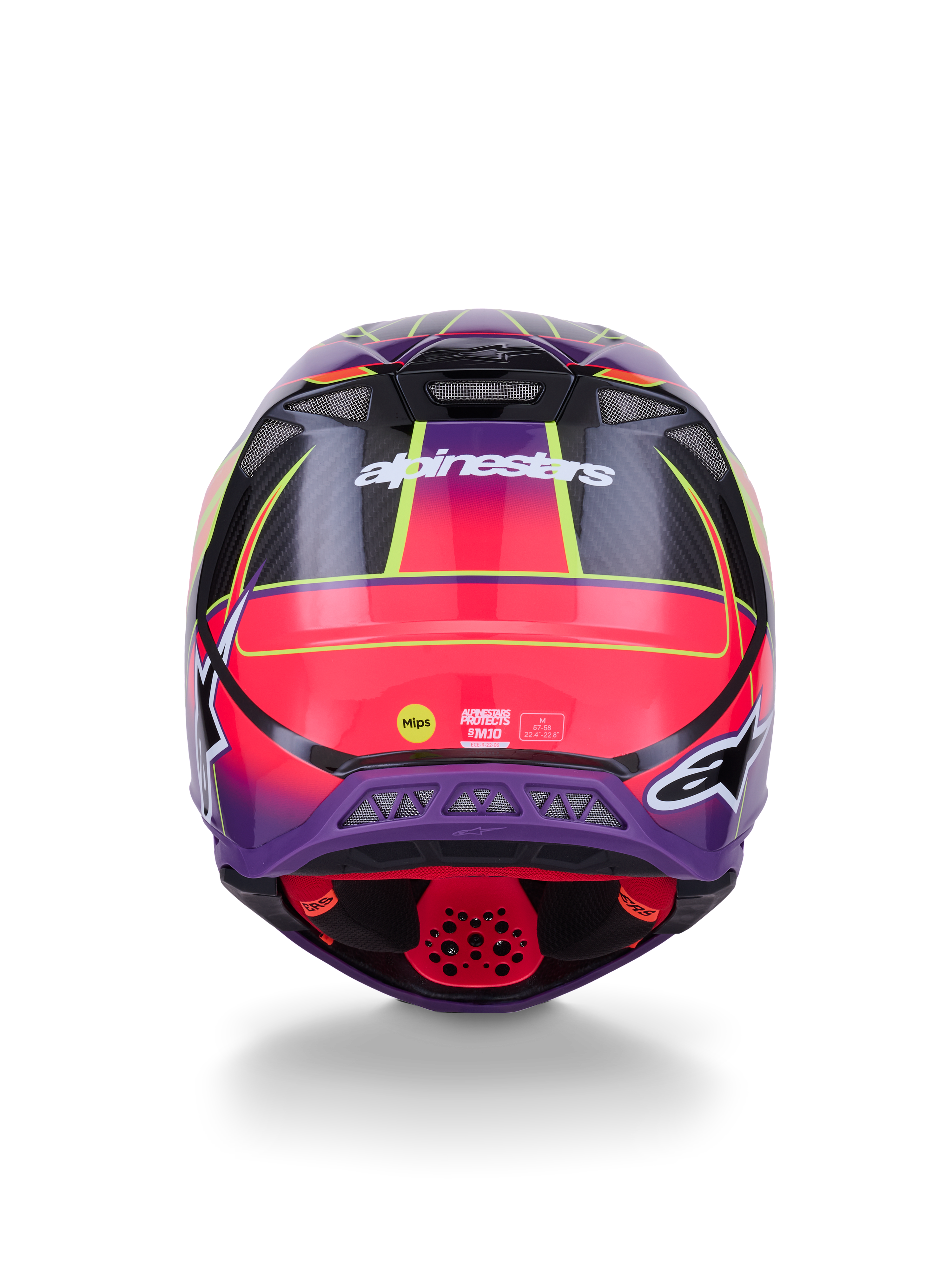 Alpinestars Supertech M10 Era Helmet ECE 22.06, widok z tyłu, różowo-fioletowy i żółty fluo w połysku, kask motocrossowy z konstrukcją z włókna węglowego i technologią ochrony MIPS
