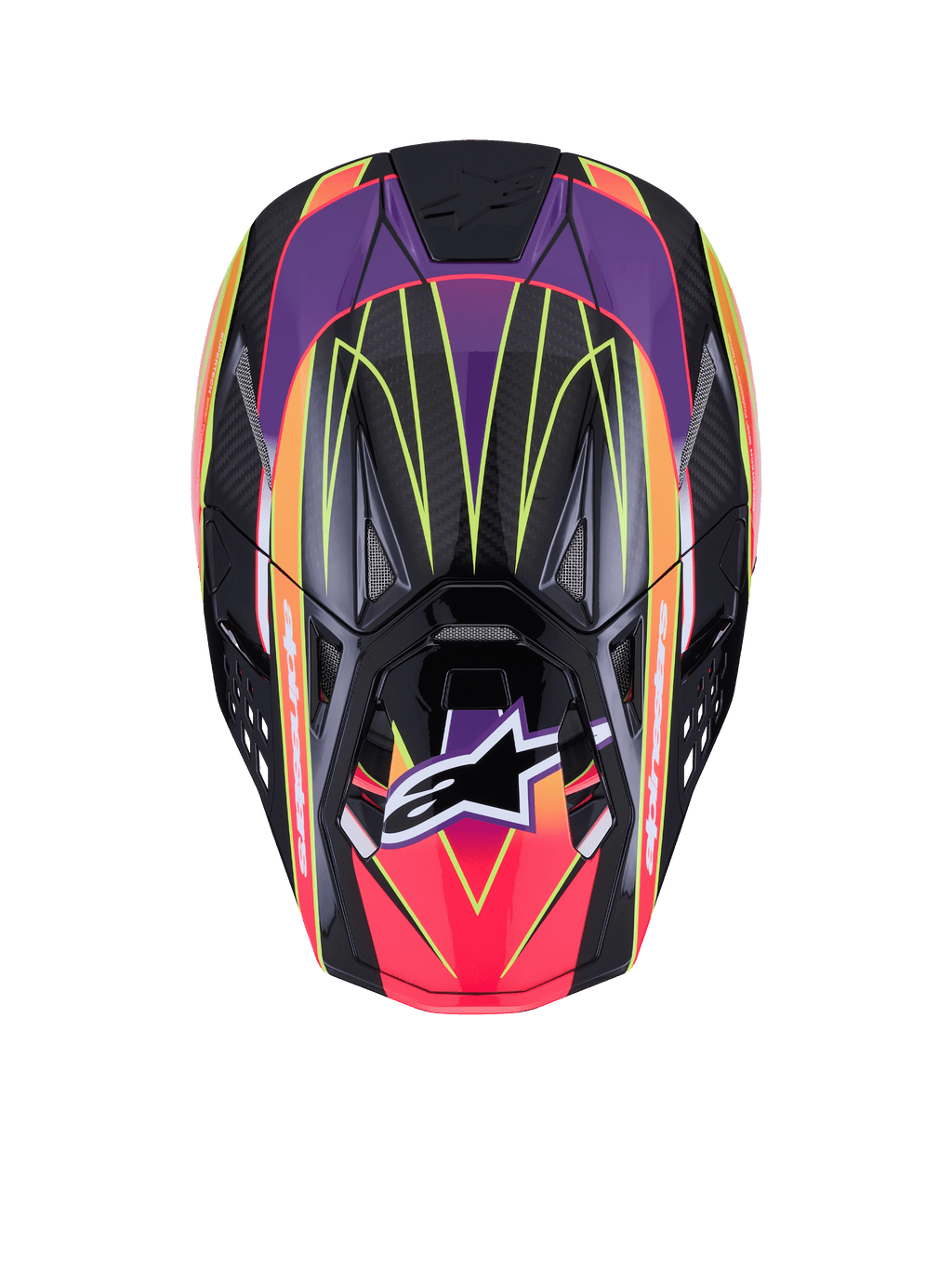 Alpinestars Supertech M10 Era Helmet ECE 22.06, kask motocrossowy, różowy, fioletowy i żółty fluo z połyskiem, widok z góry ukazujący skorupę z włókna węglowego o wysokiej gęstości z błyszczącym wykończeniem, wyraziste wzory geometryczne, zintegrowane otwory wentylacyjne oraz charakterystyczne logo Alpinestars