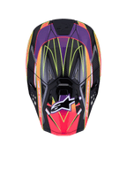 Alpinestars Supertech M10 Era Helmet ECE 22.06, kask motocrossowy, różowy, fioletowy i żółty fluo z połyskiem, widok z góry ukazujący skorupę z włókna węglowego o wysokiej gęstości z błyszczącym wykończeniem, wyraziste wzory geometryczne, zintegrowane otwory wentylacyjne oraz charakterystyczne logo Alpinestars