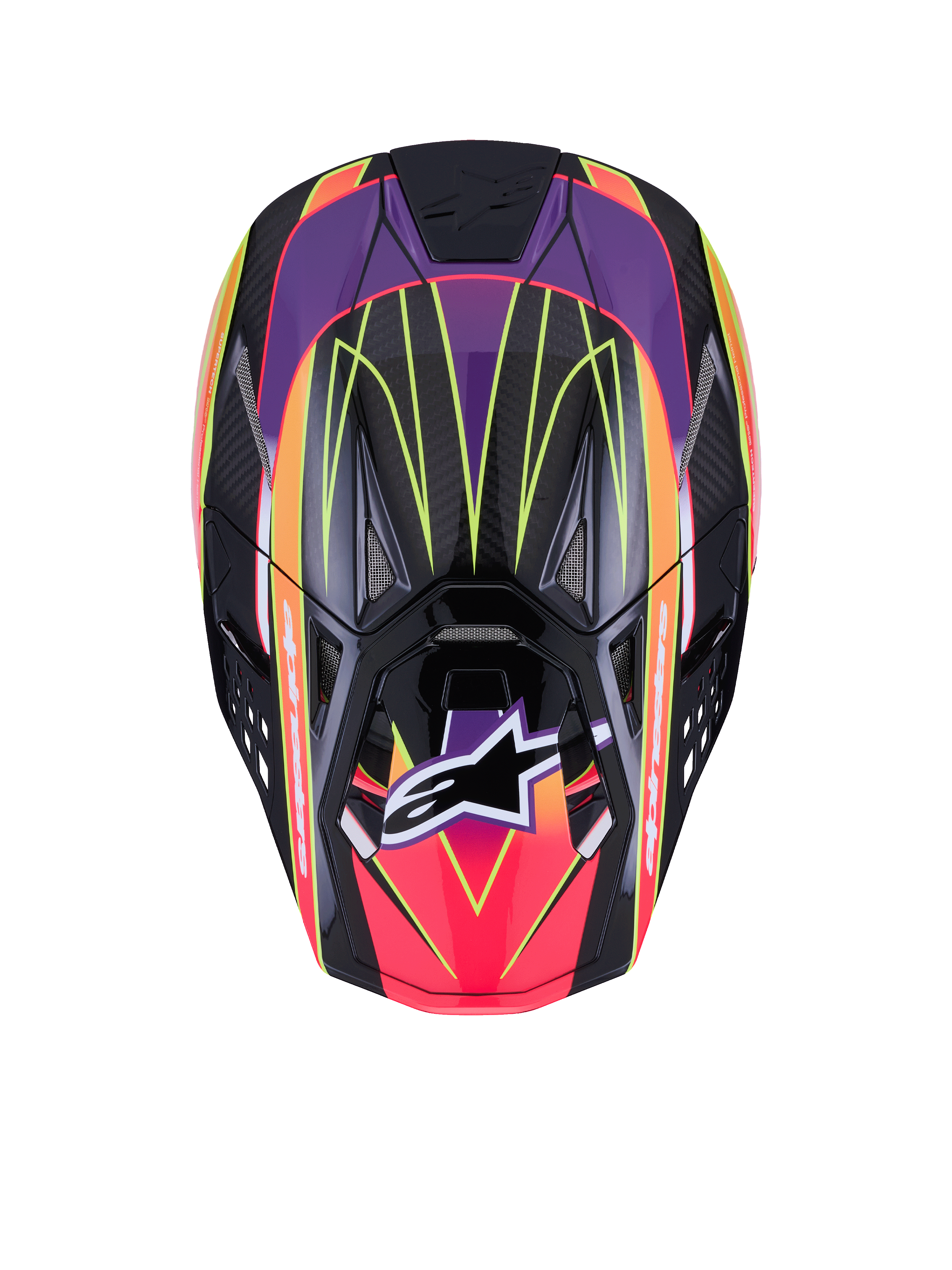 Alpinestars Supertech M10 Era Helmet ECE 22.06, kask motocrossowy, różowy, fioletowy i żółty fluo z połyskiem, widok z góry ukazujący skorupę z włókna węglowego o wysokiej gęstości z błyszczącym wykończeniem, wyraziste wzory geometryczne, zintegrowane otwory wentylacyjne oraz charakterystyczne logo Alpinestars
