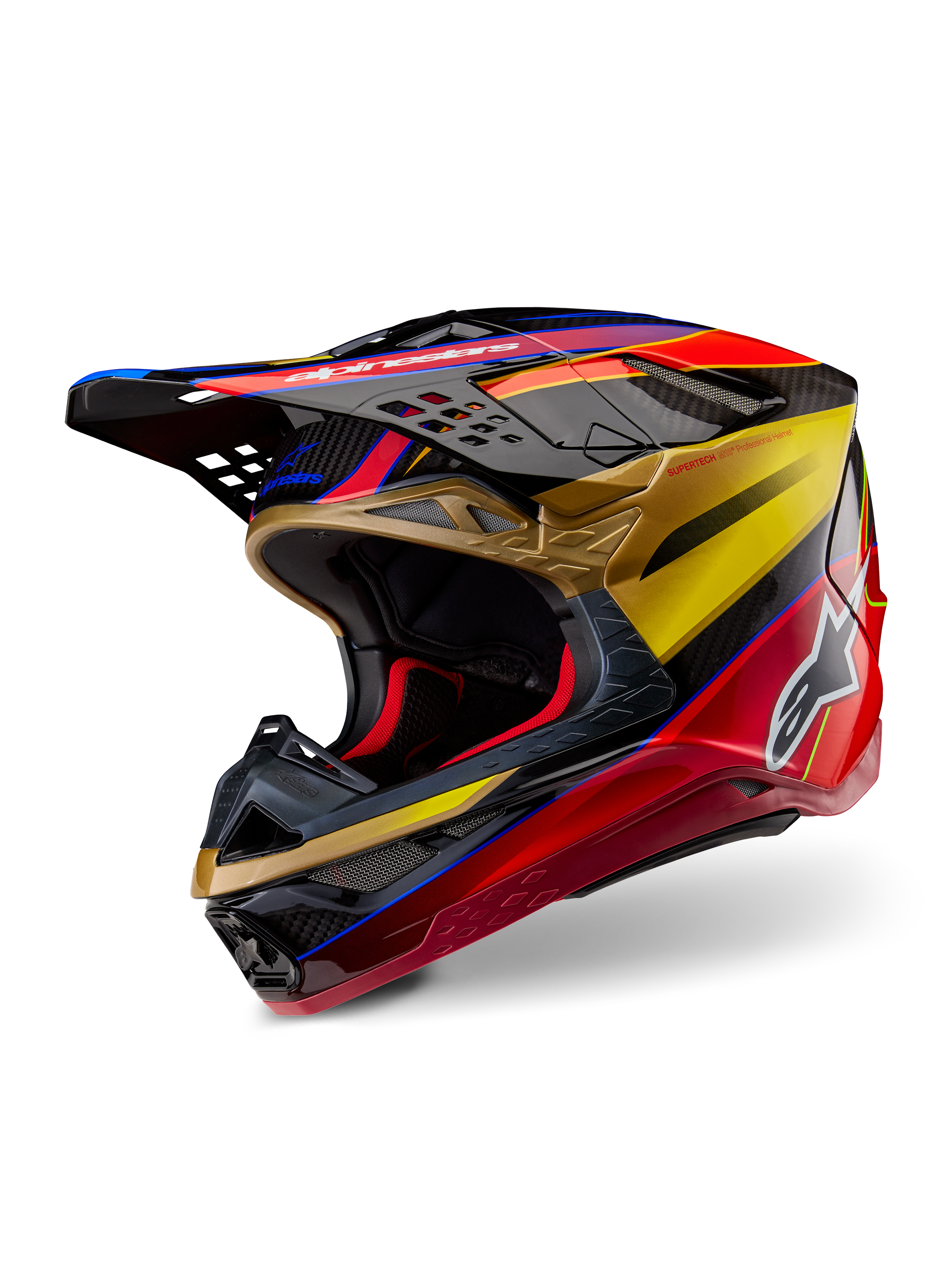Kask Alpinestars Supertech M10 Era, kask motocrossowy, Gold Yellow Rio Red Glossy, smukła aerodynamiczna skorupa z włókna węglowego z intensywnymi czerwonymi i złotymi grafikami, liczne wloty i wyloty powietrza, białe logo Alpinestars, wykończenie na połysk