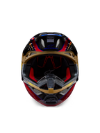 Kask Alpinestars Supertech M10 Era, kask motocrossowy, złoto-żółty i czerwony Rio Red w połysku, widok z przodu pokazujący detale skorupy z włókna węglowego i czerwoną wyściółkę wewnętrzną, aerodynamiczny design do wyścigów off-road