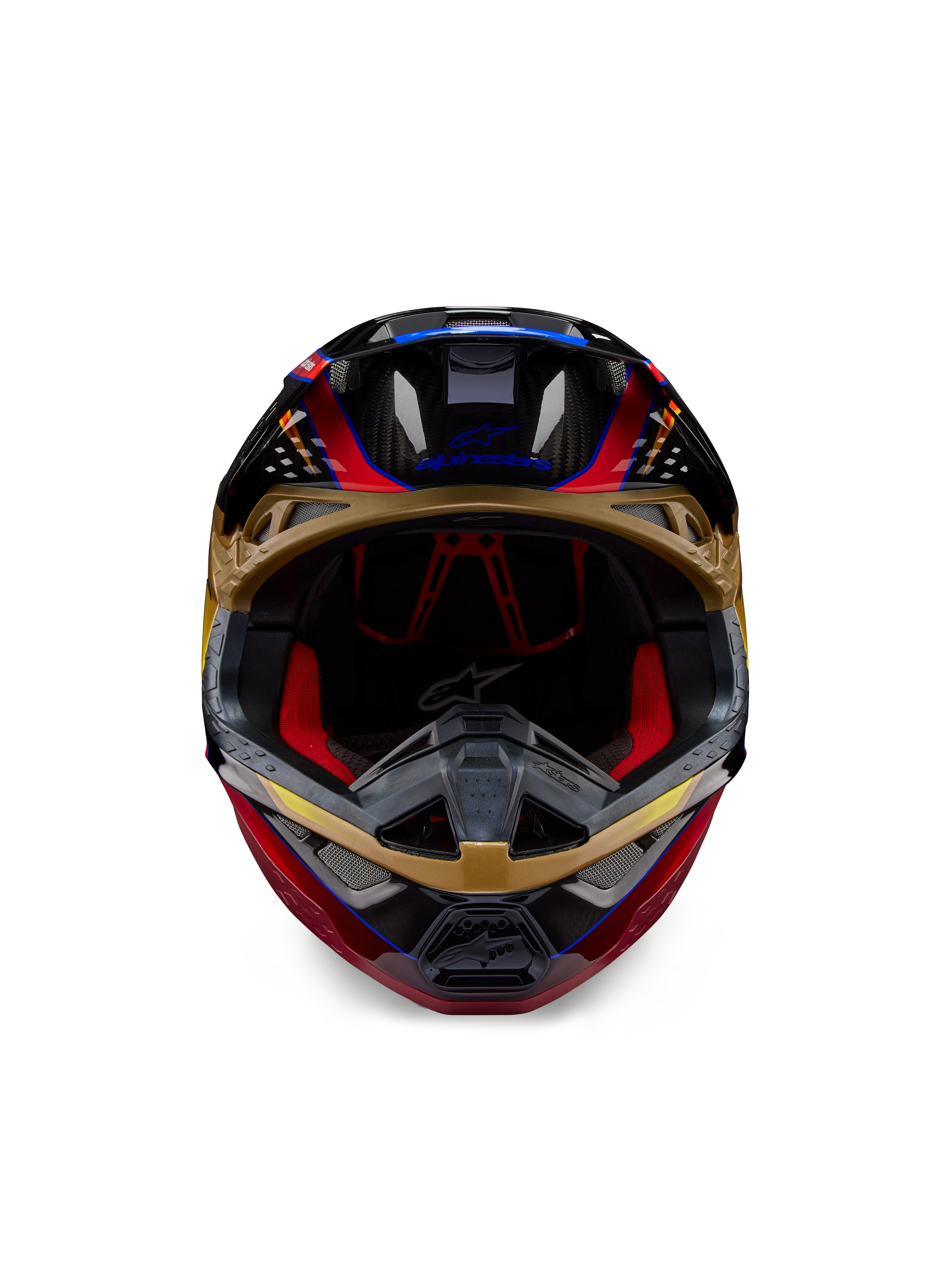 Kask Alpinestars Supertech M10 Era, kask motocrossowy, złoto-żółty i czerwony Rio Red w połysku, widok z przodu pokazujący detale skorupy z włókna węglowego i czerwoną wyściółkę wewnętrzną, aerodynamiczny design do wyścigów off-road