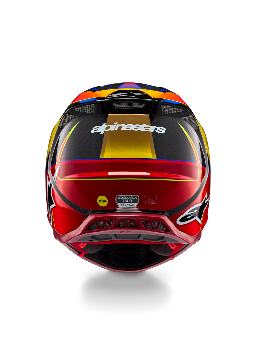 Alpinestars Supertech M10 Era Helmet, kask motocrossowy, złoto-żółty i czerwony Rio Red z połyskiem, widok z tyłu prezentujący białe logo Alpinestars, logo MIPS oraz aerodynamiczne otwory wentylacyjne, konstrukcja z wielokompozytowego włókna węglowego z niebieskimi akcentami