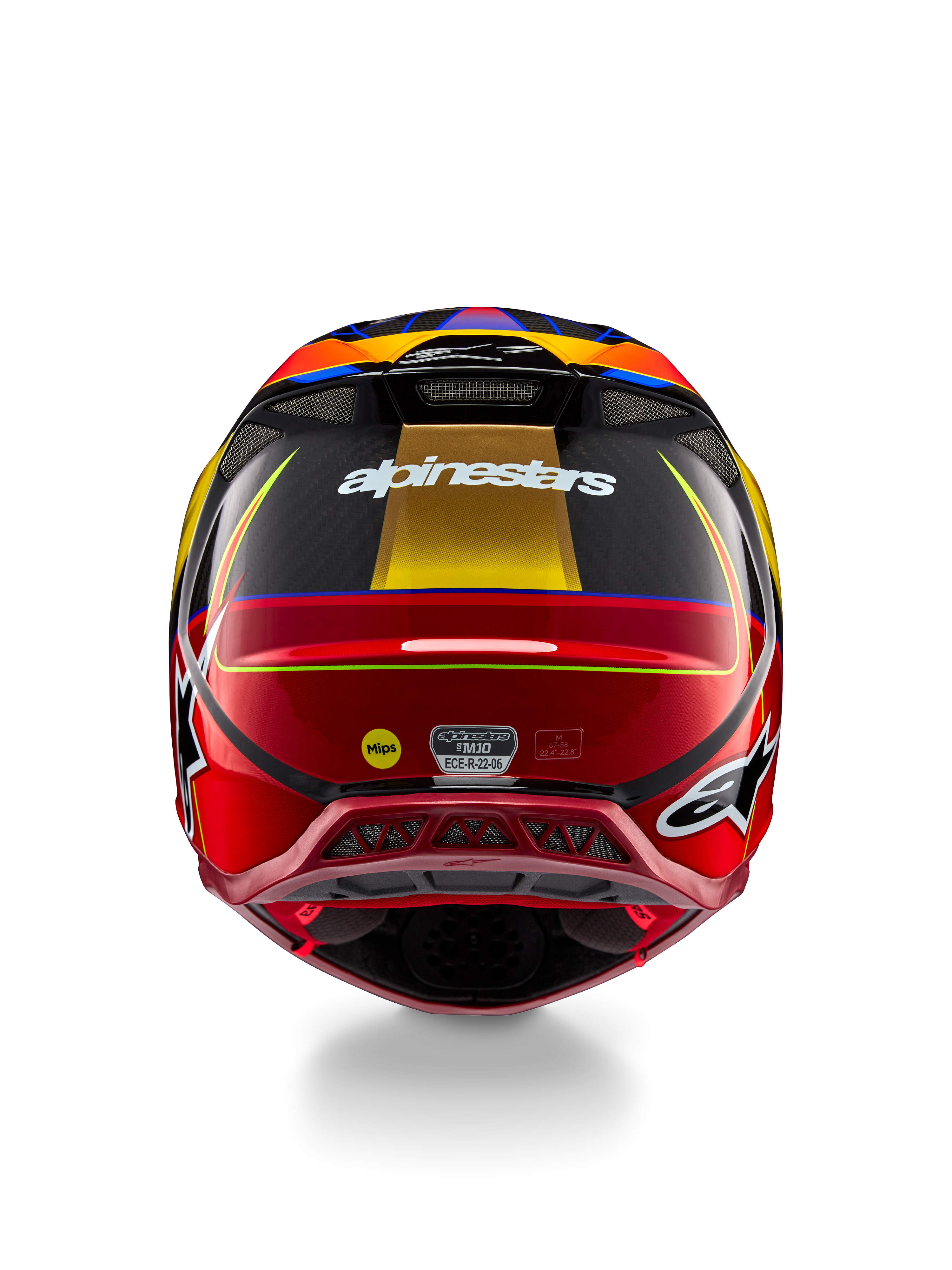 Alpinestars Supertech M10 Era Helmet, kask motocrossowy, złoto-żółty i czerwony Rio Red z połyskiem, widok z tyłu prezentujący białe logo Alpinestars, logo MIPS oraz aerodynamiczne otwory wentylacyjne, konstrukcja z wielokompozytowego włókna węglowego z niebieskimi akcentami