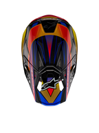 Kask Alpinestars Supertech M10 Era ECE, kask motocrossowy, złoty, żółty i czerwony połysk, widok z góry ukazujący żywe geometryczne wzory w kolorze niebieskim i żółtym, błyszczące wykończenie z widoczną teksturą karbonowej skorupy, logo Alpinestars na daszku