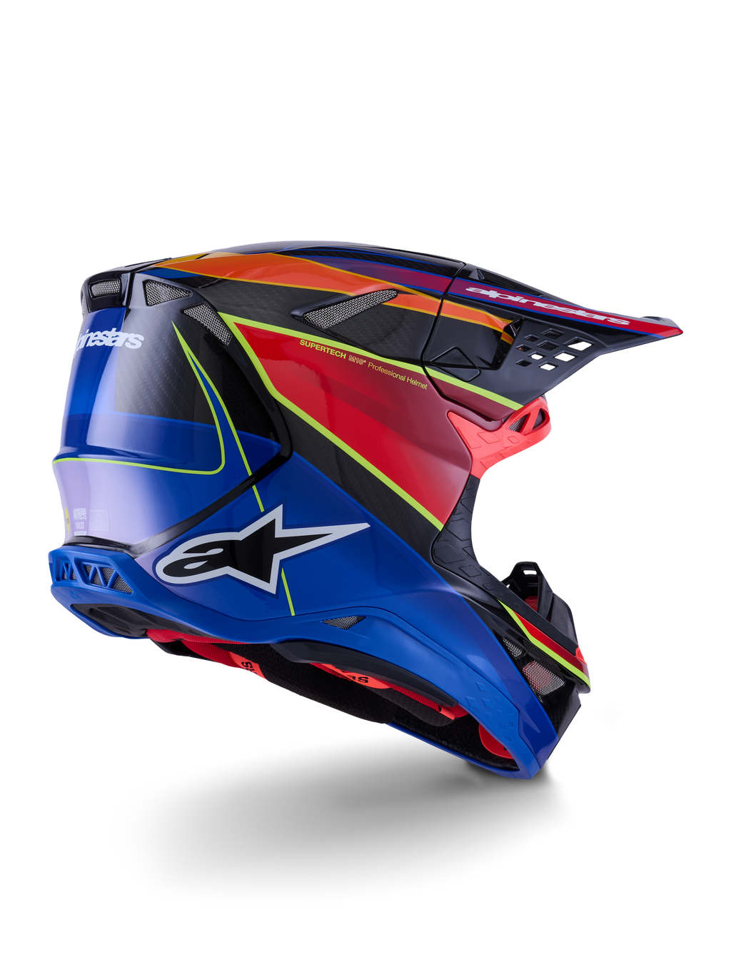 Kask Alpinestars Supertech M10 Era, kask motocrossowy, niebieski, czerwony i żółty fluo w połysku, widok z boku i z tyłu, detale ze splotu włókna węglowego, wyraźne logo Alpinestars, zintegrowane otwory wentylacyjne, wykończenie na wysoki połysk