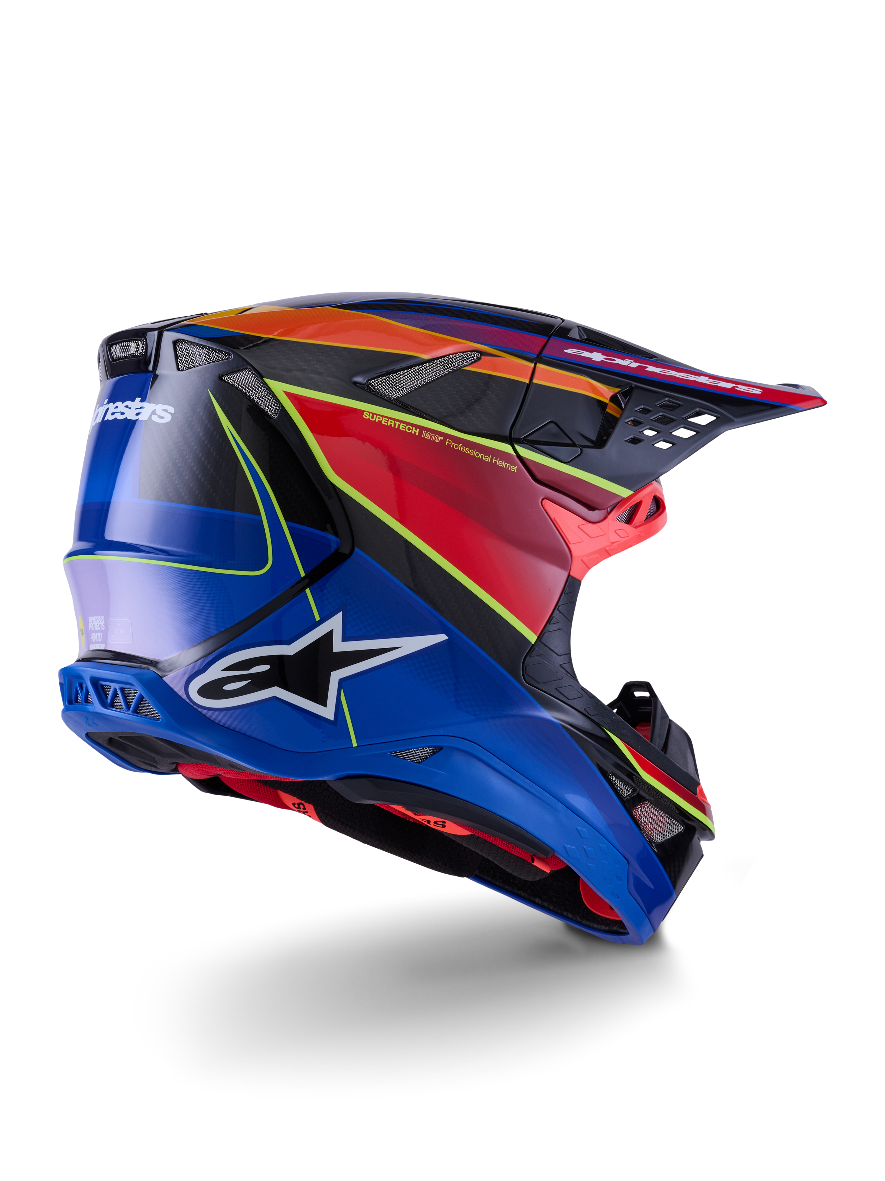 Kask Alpinestars Supertech M10 Era, kask motocrossowy, niebieski, czerwony i żółty fluo w połysku, widok z boku i z tyłu, detale ze splotu włókna węglowego, wyraźne logo Alpinestars, zintegrowane otwory wentylacyjne, wykończenie na wysoki połysk