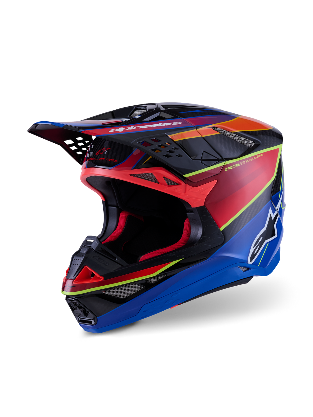 Kask Alpinestars Supertech M10 Era, kask motocrossowy, niebieski, czerwony i żółty neonowy połysk, profesjonalna konstrukcja z wielokompozytowego włókna węglowego, zaawansowane otwory wentylacyjne i aerodynamiczny daszek do wyścigów terenowych