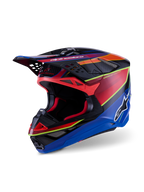 Kask Alpinestars Supertech M10 Era, kask motocrossowy, niebieski, czerwony i żółty neonowy połysk, profesjonalna konstrukcja z wielokompozytowego włókna węglowego, zaawansowane otwory wentylacyjne i aerodynamiczny daszek do wyścigów terenowych