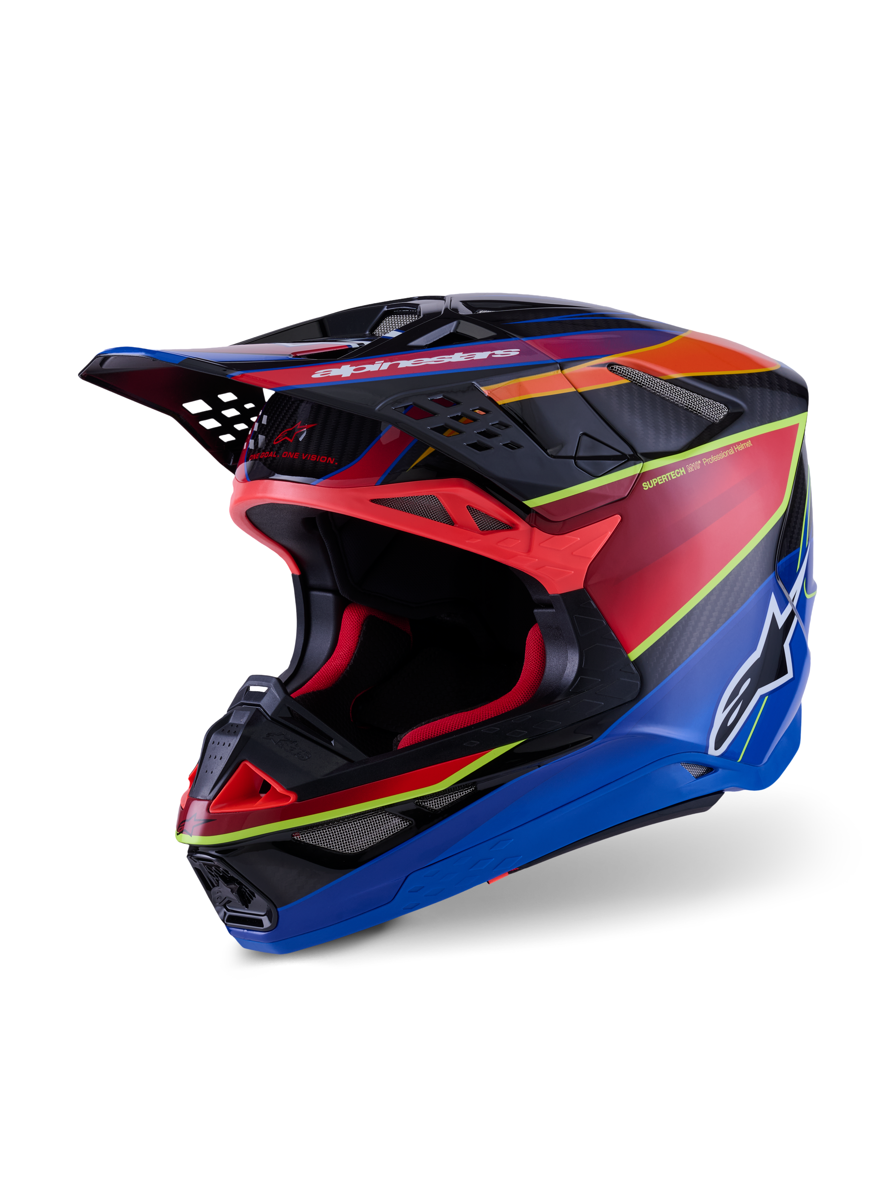 Kask Alpinestars Supertech M10 Era, kask motocrossowy, niebieski, czerwony i żółty neonowy połysk, profesjonalna konstrukcja z wielokompozytowego włókna węglowego, zaawansowane otwory wentylacyjne i aerodynamiczny daszek do wyścigów terenowych