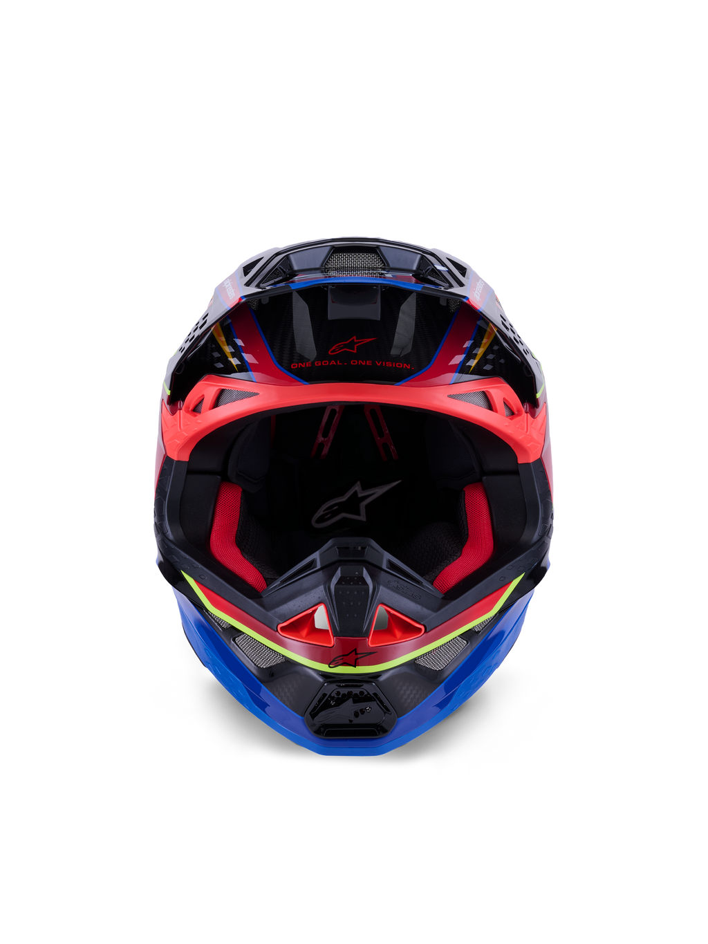 Kask Alpinestars Supertech M10 Era, kask motocrossowy, niebieski, czerwony i żółty fluo błyszczący, widok z przodu pokazujący czerwoną wyściółkę wewnętrzną i agresywne otwory wentylacyjne, błyszcząca skorupa z karbonu 3K o aerodynamicznym designie do wyścigów off-road