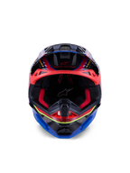 Kask Alpinestars Supertech M10 Era, kask motocrossowy, niebieski, czerwony i żółty fluo błyszczący, widok z przodu pokazujący czerwoną wyściółkę wewnętrzną i agresywne otwory wentylacyjne, błyszcząca skorupa z karbonu 3K o aerodynamicznym designie do wyścigów off-road
