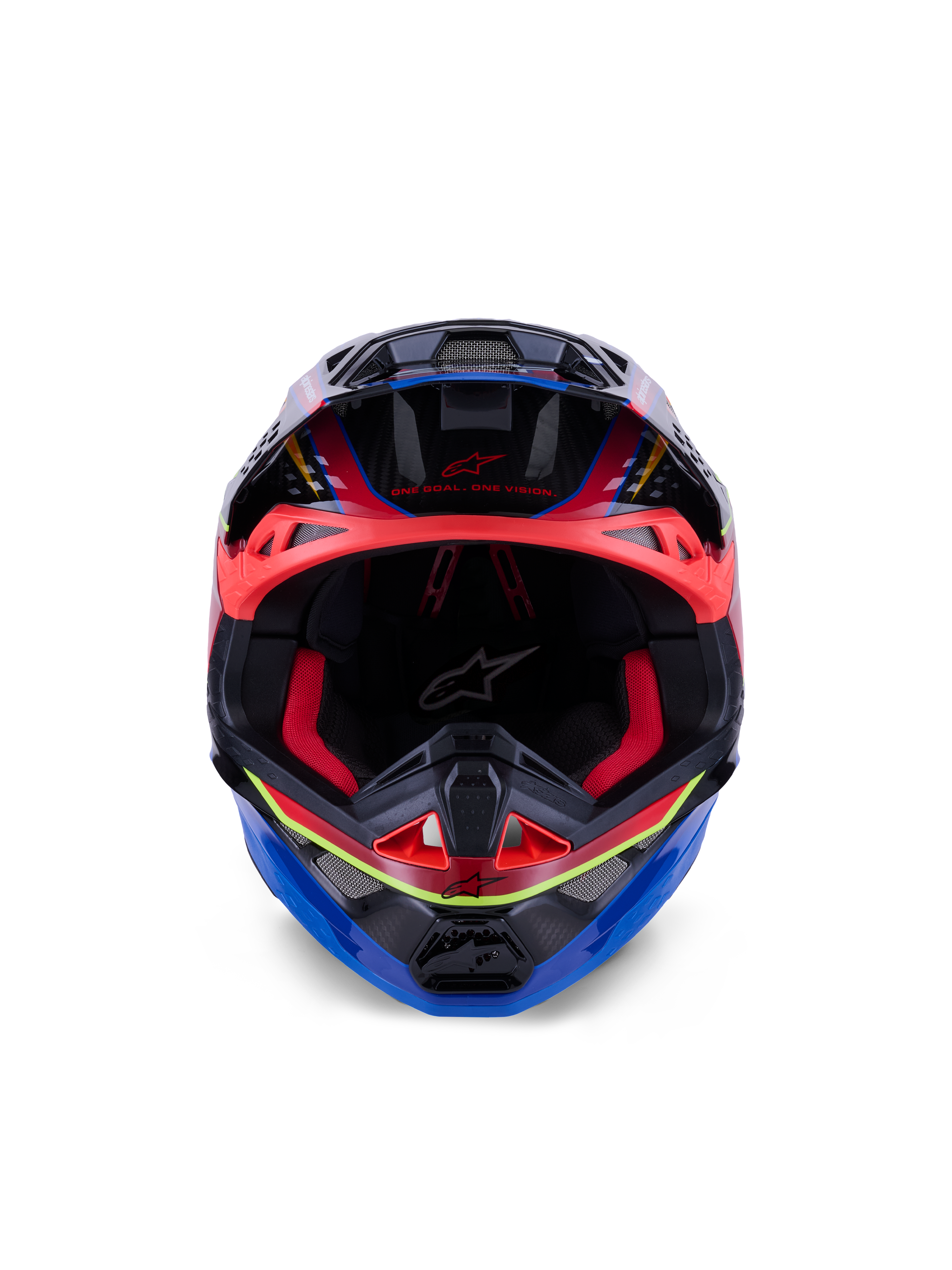 Kask Alpinestars Supertech M10 Era, kask motocrossowy, niebieski, czerwony i żółty fluo błyszczący, widok z przodu pokazujący czerwoną wyściółkę wewnętrzną i agresywne otwory wentylacyjne, błyszcząca skorupa z karbonu 3K o aerodynamicznym designie do wyścigów off-road
