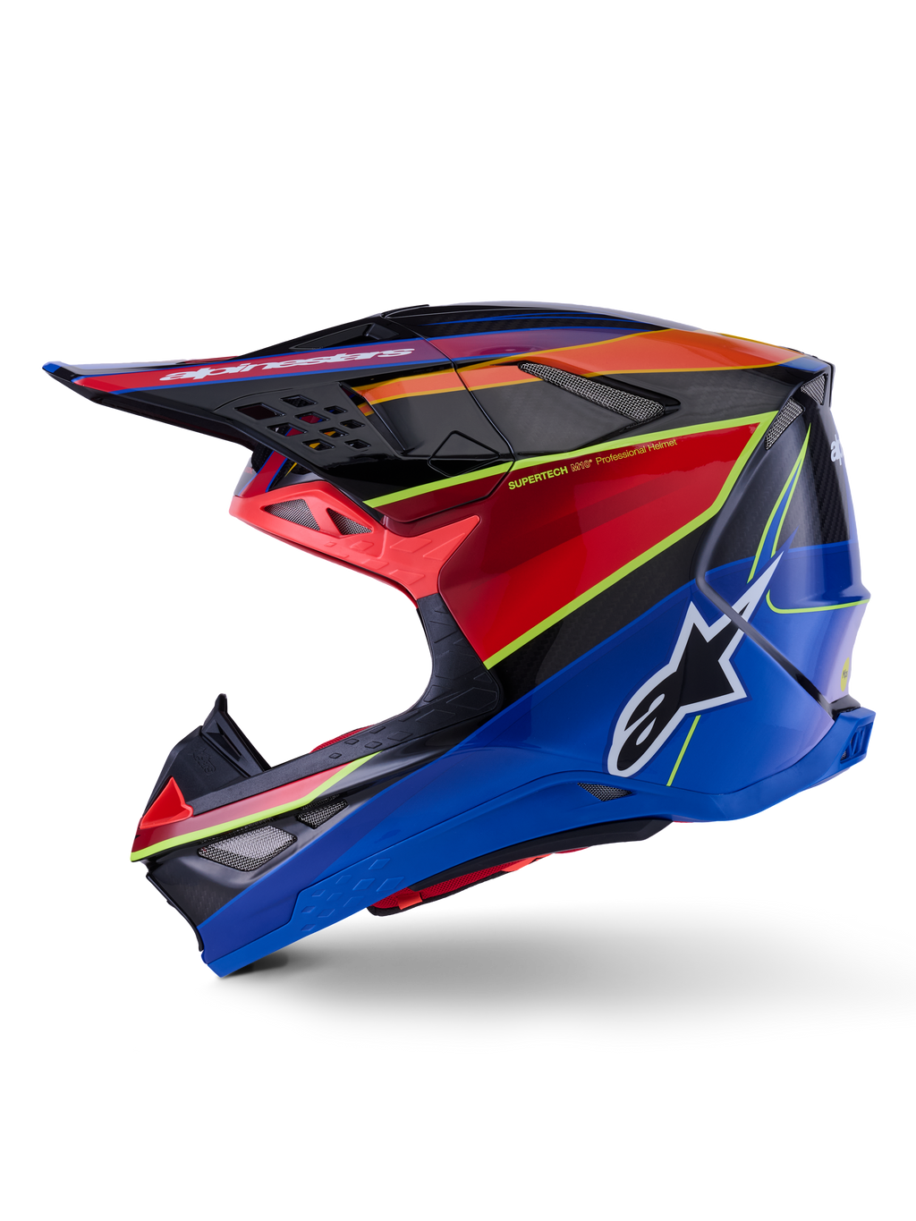 Alpinestars Supertech M10 Era Helmet, kask motocrossowy, niebieski, czerwony i żółty fluo z połyskiem, widok z boku z aerodynamiczną skorupą z włókna węglowego, wyraźne logo Alpinestars z boku, liczne otwory wentylacyjne, profesjonalny sprzęt do wyścigów terenowych