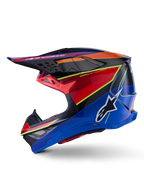 Alpinestars Supertech M10 Era Helmet, kask motocrossowy, niebieski, czerwony i żółty fluo z połyskiem, widok z boku z aerodynamiczną skorupą z włókna węglowego, wyraźne logo Alpinestars z boku, liczne otwory wentylacyjne, profesjonalny sprzęt do wyścigów terenowych