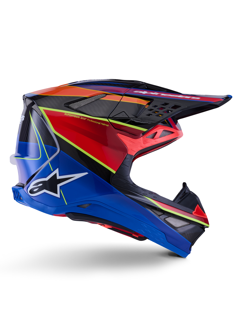 Kask Alpinestars Supertech M10 Era, kask motocrossowy, niebieski, czerwony i żółty fluo, błyszczący, widok z boku prezentujący wielokompozytową skorupę z włókna węglowego, białe logo Alpinestars, aerodynamiczny design z wieloma otworami wentylacyjnymi do wyścigów off-road
