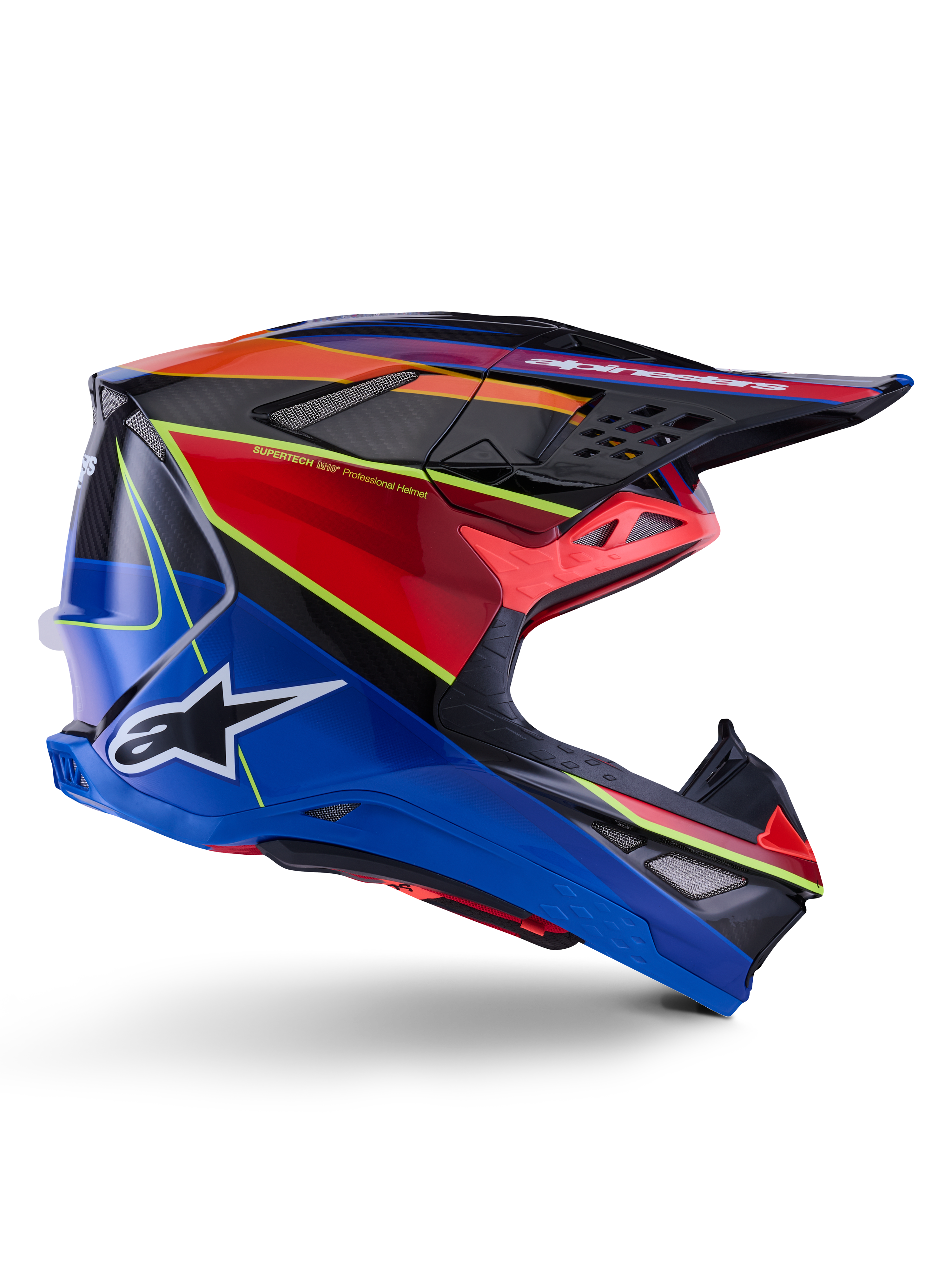 Kask Alpinestars Supertech M10 Era, kask motocrossowy, niebieski, czerwony i żółty fluo, błyszczący, widok z boku prezentujący wielokompozytową skorupę z włókna węglowego, białe logo Alpinestars, aerodynamiczny design z wieloma otworami wentylacyjnymi do wyścigów off-road