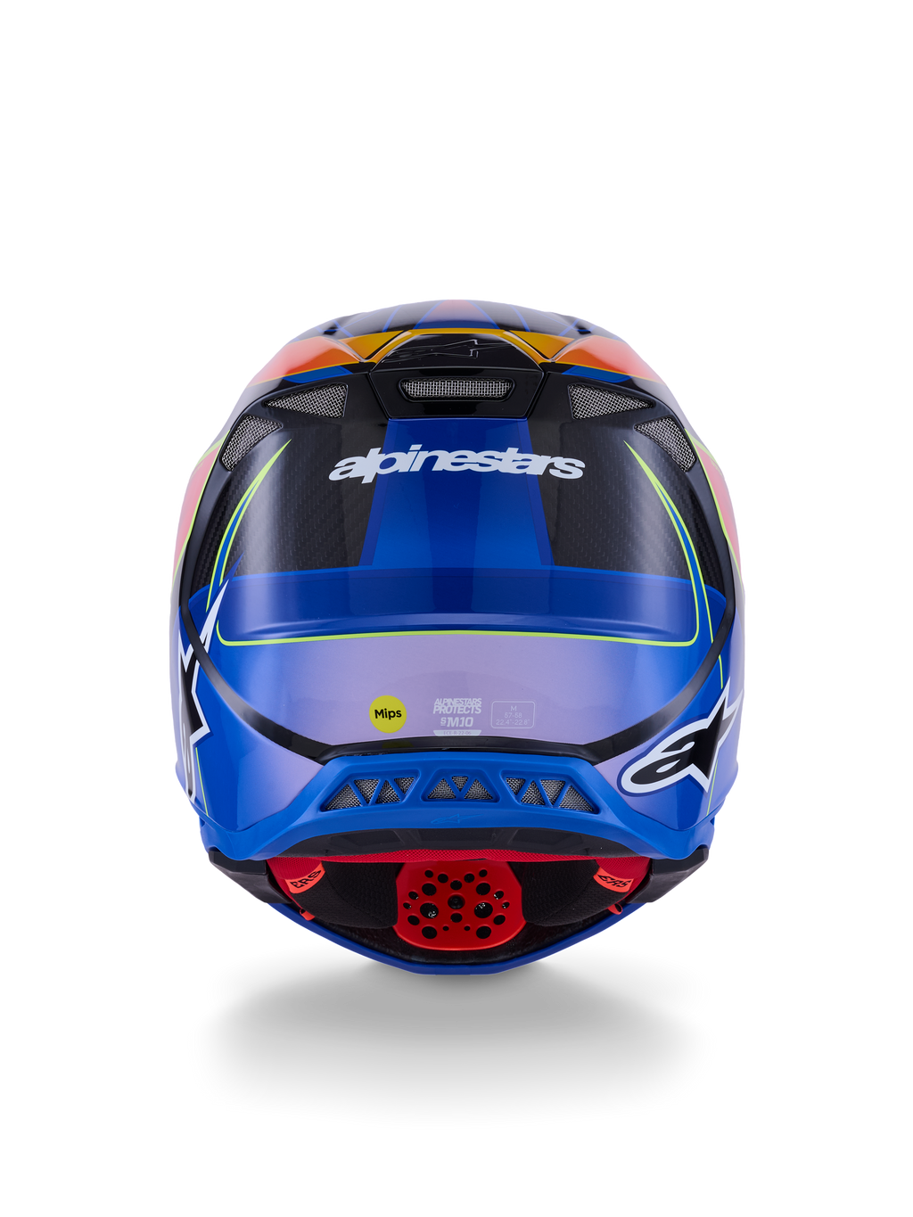 Kask Alpinestars Supertech M10 Era, kask motocrossowy, widok z tyłu, niebieski, czerwony i żółty fluo z połyskiem, otwory wentylacyjne, skorupa z kompozytu węglowego, logo Alpinestars i naklejka MIPS, zaawansowana ochrona off-road