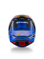 Kask Alpinestars Supertech M10 Era, kask motocrossowy, widok z tyłu, niebieski, czerwony i żółty fluo z połyskiem, otwory wentylacyjne, skorupa z kompozytu węglowego, logo Alpinestars i naklejka MIPS, zaawansowana ochrona off-road