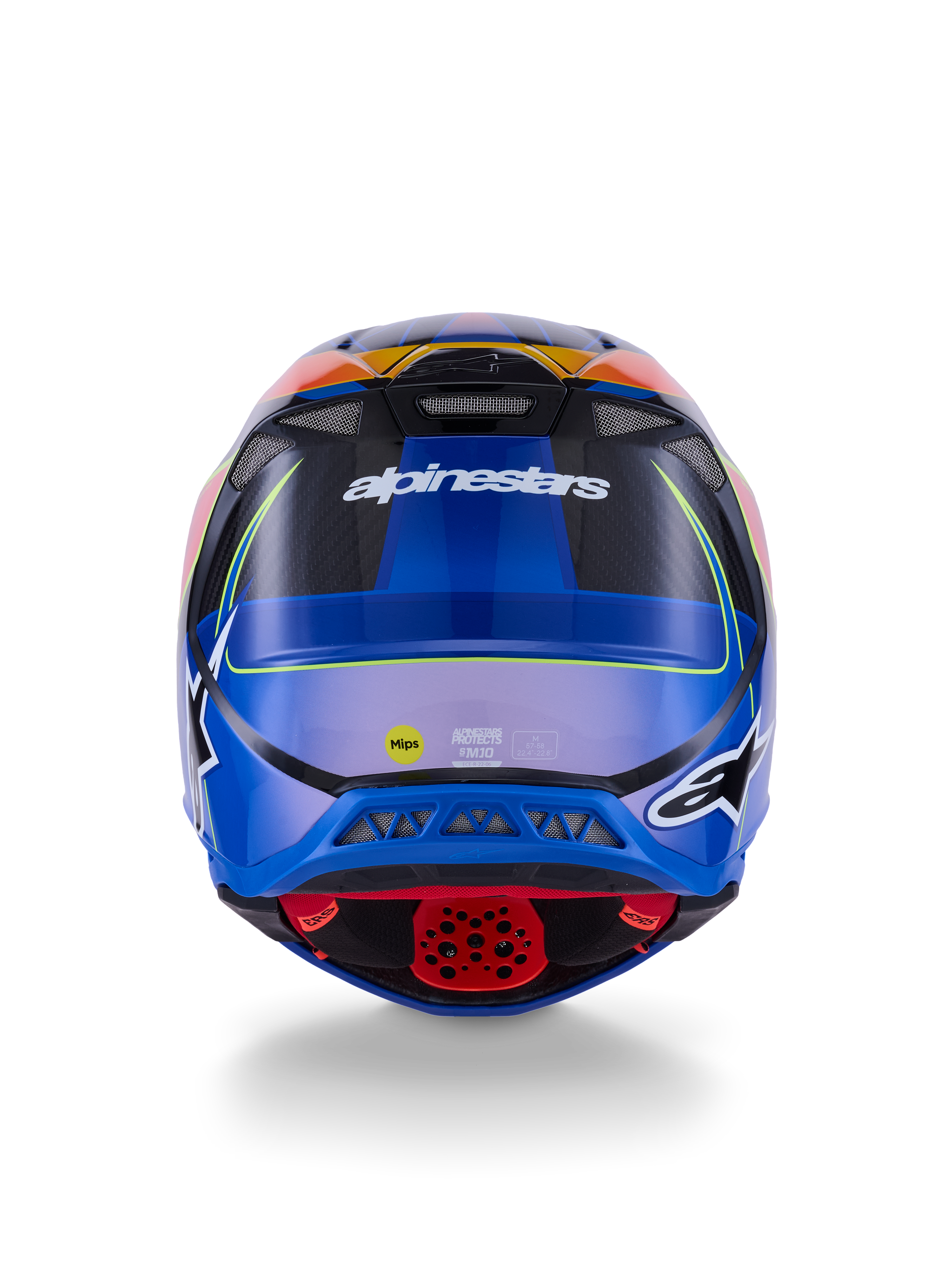 Kask Alpinestars Supertech M10 Era, kask motocrossowy, widok z tyłu, niebieski, czerwony i żółty fluo z połyskiem, otwory wentylacyjne, skorupa z kompozytu węglowego, logo Alpinestars i naklejka MIPS, zaawansowana ochrona off-road