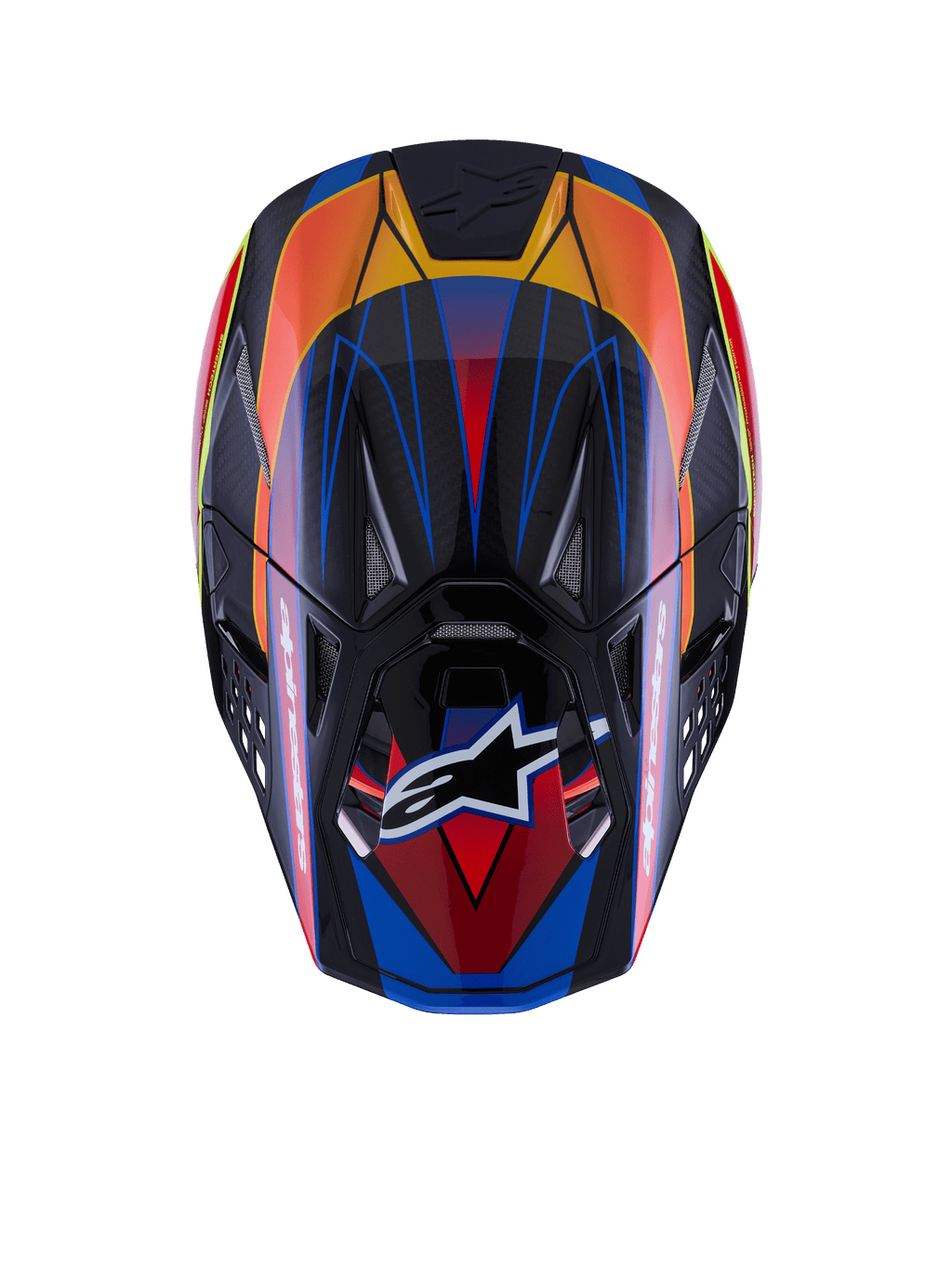 Kask Alpinestars Supertech M10 Era, widok z góry, błyszczące wykończenie w kolorach niebieskim, czerwonym i żółtym fluo, skorupa z włókna węglowego, liczne wloty powietrza z siatką, logo Alpinestars na daszku, zaawansowany sprzęt ochronny do motocrossu