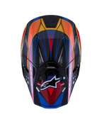 Kask Alpinestars Supertech M10 Era, widok z góry, błyszczące wykończenie w kolorach niebieskim, czerwonym i żółtym fluo, skorupa z włókna węglowego, liczne wloty powietrza z siatką, logo Alpinestars na daszku, zaawansowany sprzęt ochronny do motocrossu