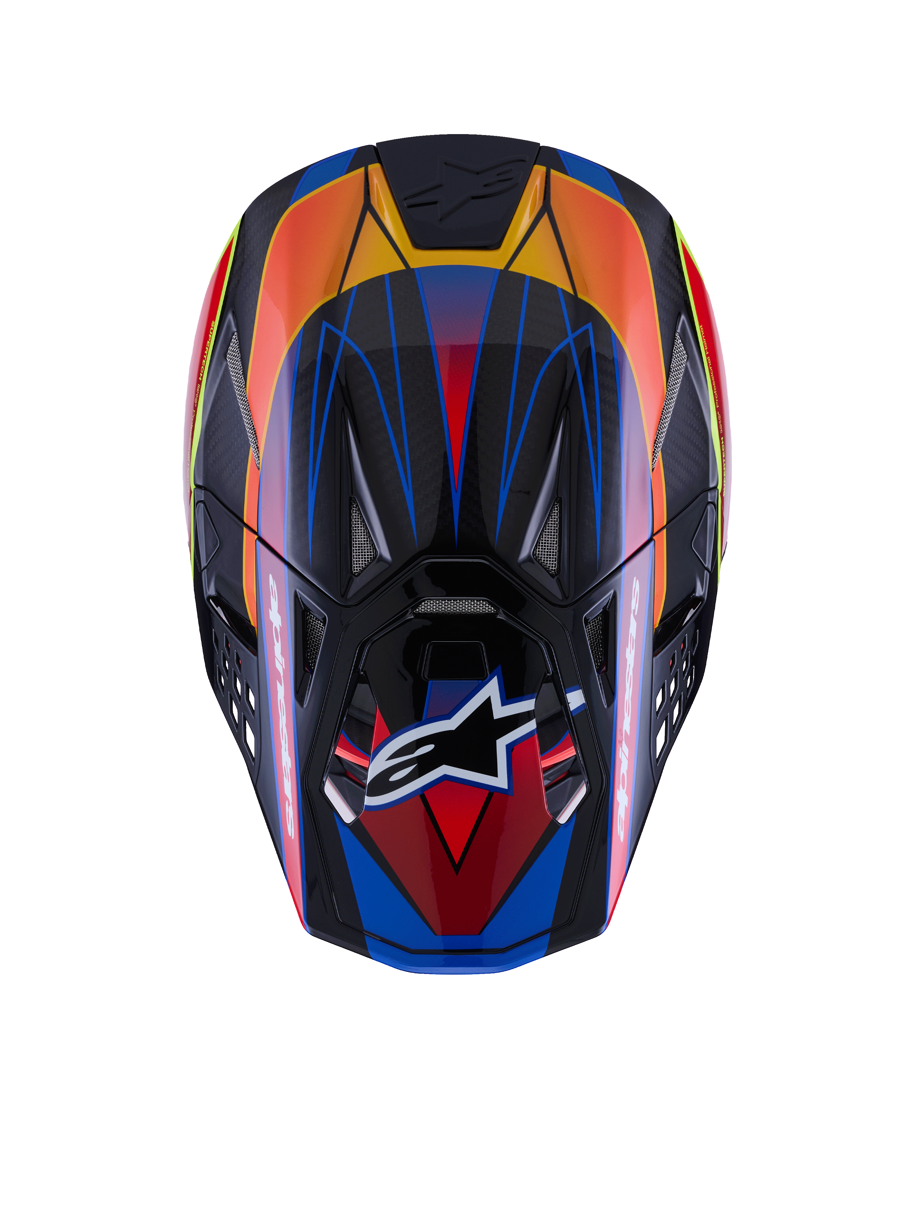 Kask Alpinestars Supertech M10 Era, widok z góry, błyszczące wykończenie w kolorach niebieskim, czerwonym i żółtym fluo, skorupa z włókna węglowego, liczne wloty powietrza z siatką, logo Alpinestars na daszku, zaawansowany sprzęt ochronny do motocrossu