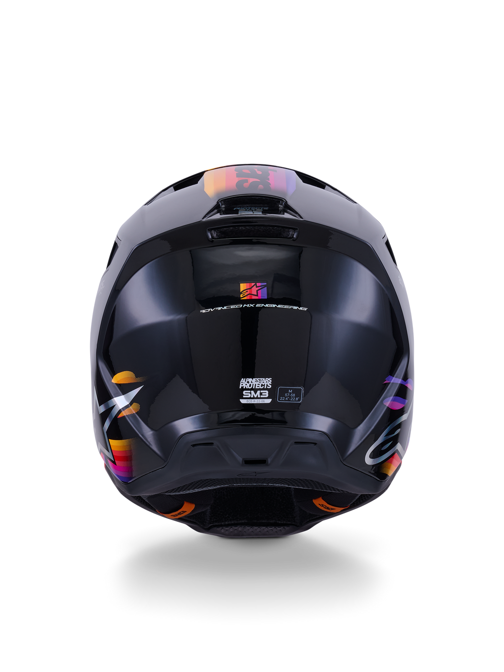 Alpinestars S-M3 Force OCD Helmet, Black Glossy Motocross Helmet, Rear View, featuring vibrant orange pink and purple graphics, ECE 22.06 certification mark, aerodynamic thermo-injected shell design