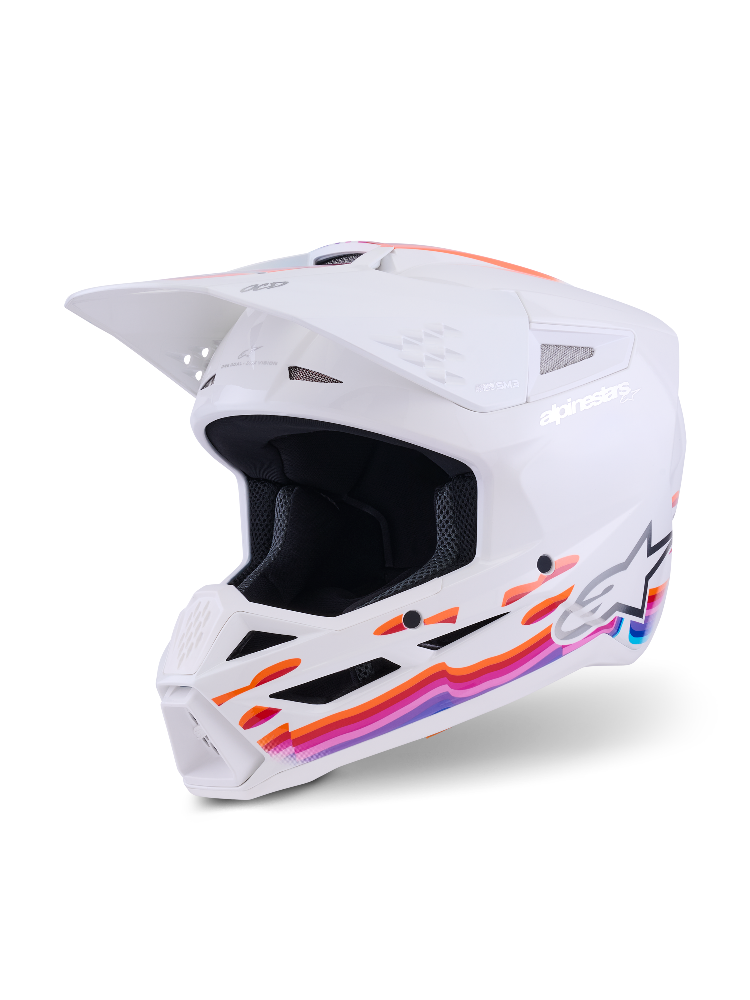 Alpinestars S-M3 Force OCD Helmet, Motocross Helmet, White Glossy with vibrant orange, pink, and blue wavy graphics, featuring a white visor and Alpinestars logo, professional off-road head protection