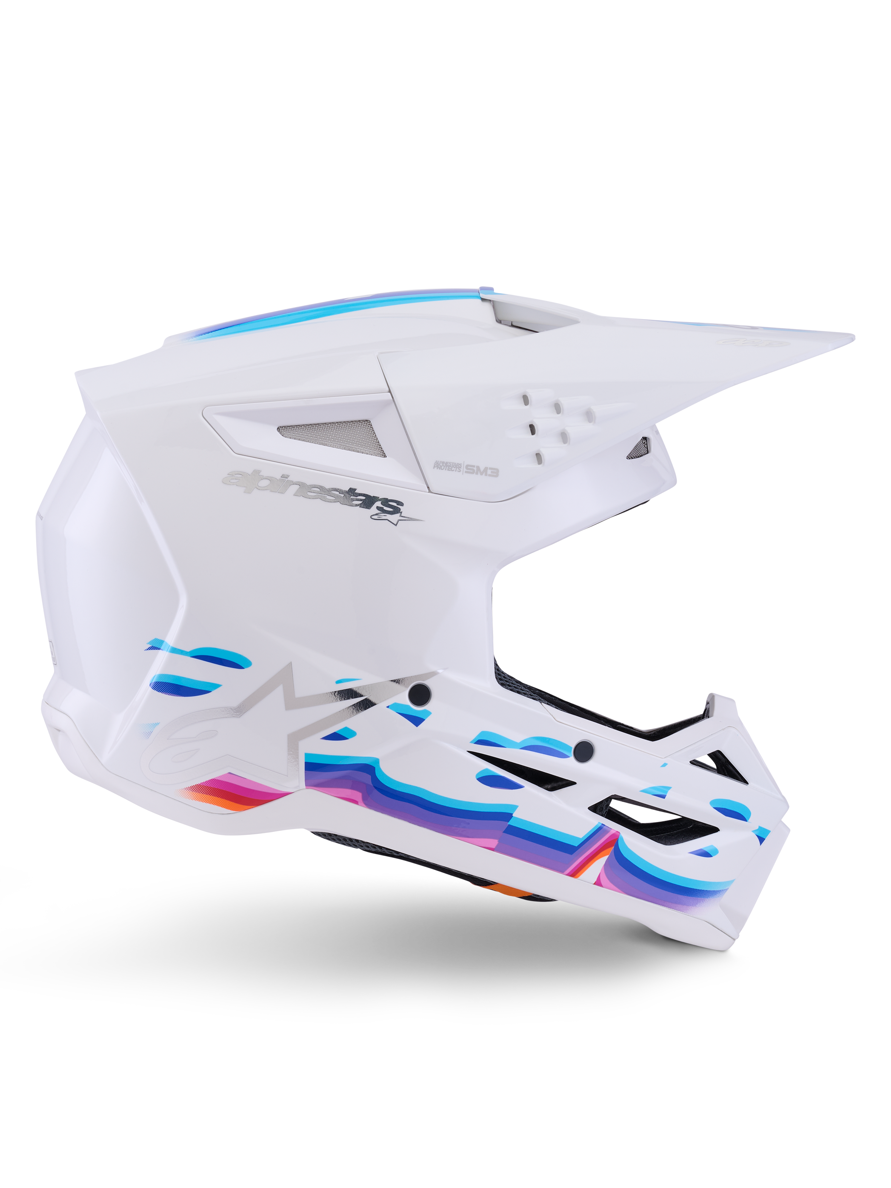 Alpinestars S-M3 Force OCD Helmet, White Glossy, motocross helmet featuring vibrant blue, purple, and orange wave graphics, side profile with aerodynamic visor and multiple ventilation ports.