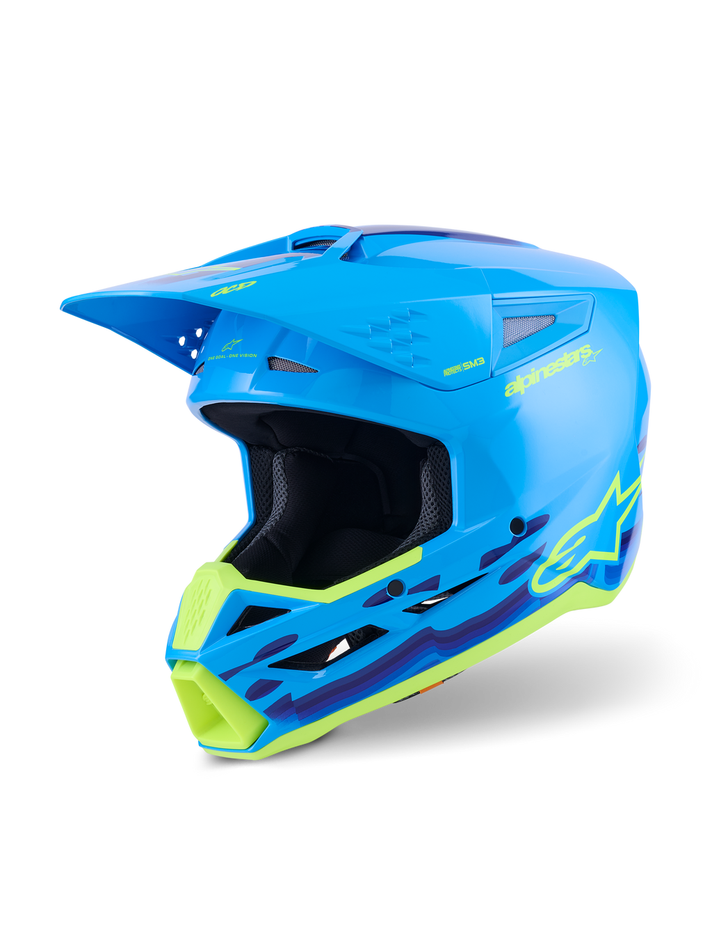 Kask Alpinestars S-M3 Force OCD, kask motocrossowy, błękitny połysk z neonowożółtymi i fioletowymi falistymi grafikami, wykończenie na wysoki połysk z wyraźnym logo Alpinestars, zaprojektowany z myślą o ochronie przed uderzeniami i wentylacji off-road