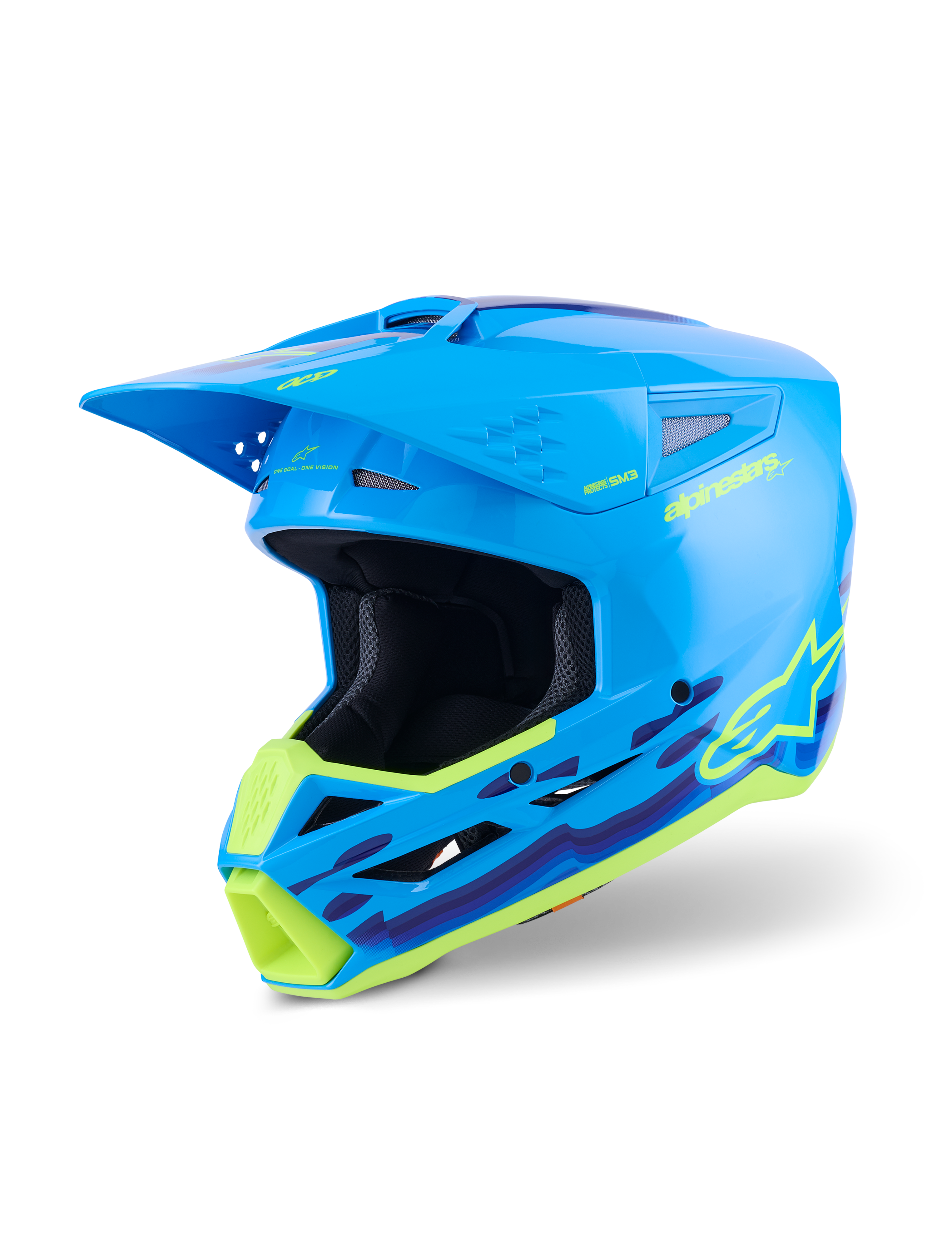 Kask Alpinestars S-M3 Force OCD, kask motocrossowy, błękitny połysk z neonowożółtymi i fioletowymi falistymi grafikami, wykończenie na wysoki połysk z wyraźnym logo Alpinestars, zaprojektowany z myślą o ochronie przed uderzeniami i wentylacji off-road